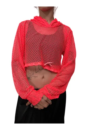 Neon Pink Fishnet Cropped Hoodie