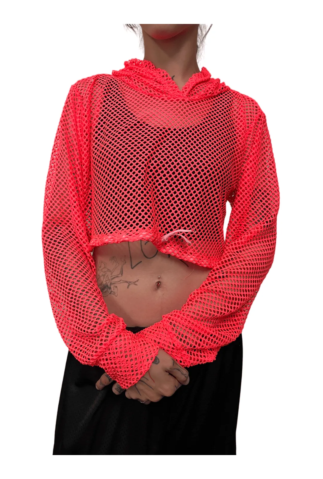 Neon Pink Fishnet Cropped Hoodie