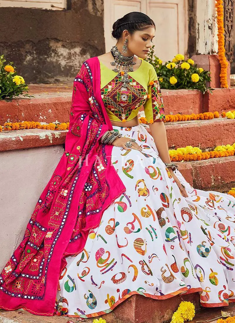 Neon White Multicoloured Kutchi Embroidered Chaniya Choli