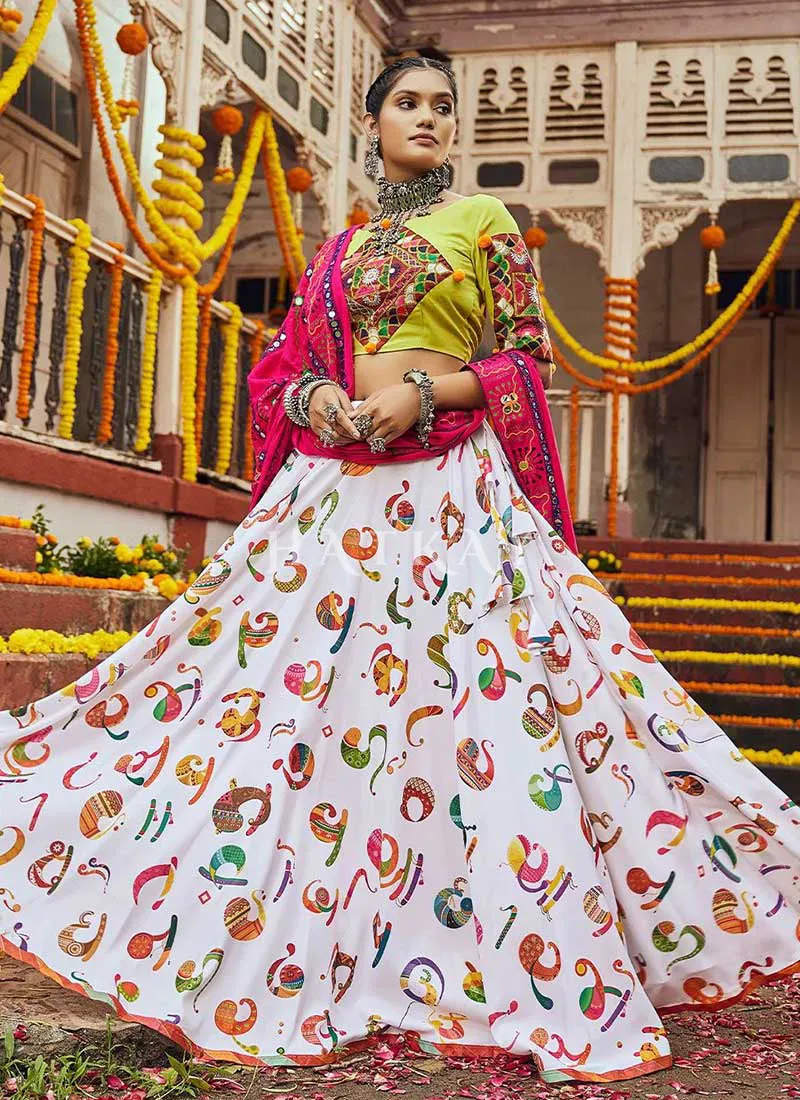 Neon White Multicoloured Kutchi Embroidered Chaniya Choli