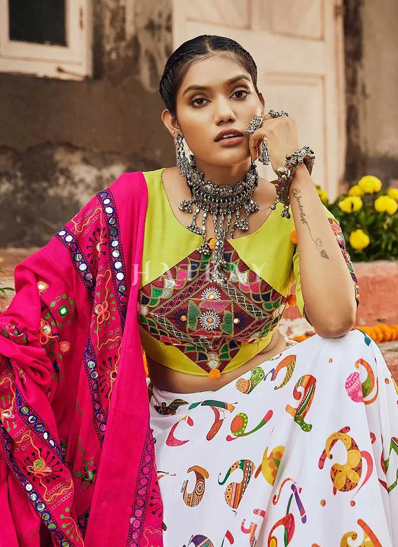 Neon White Multicoloured Kutchi Embroidered Chaniya Choli