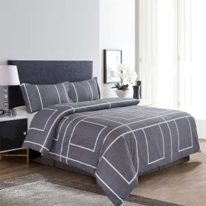 New in Package! Wake In Cloud - Grey Duvet Cover Set, 100% Cotton Bedding, White Modern Pattern Printed on Grey, with Zipper Closure (3pcs, Queen Size)