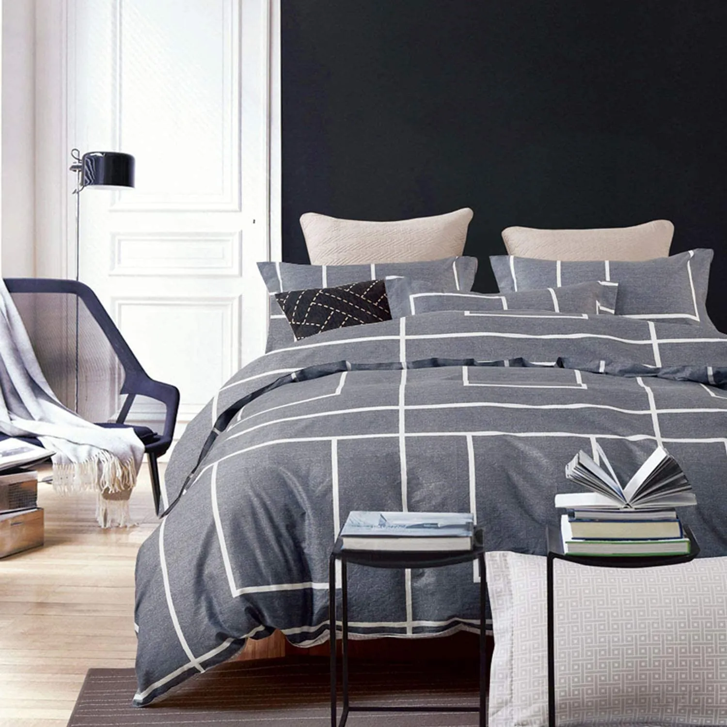 New in Package! Wake In Cloud - Grey Duvet Cover Set, 100% Cotton Bedding, White Modern Pattern Printed on Grey, with Zipper Closure (3pcs, Queen Size)