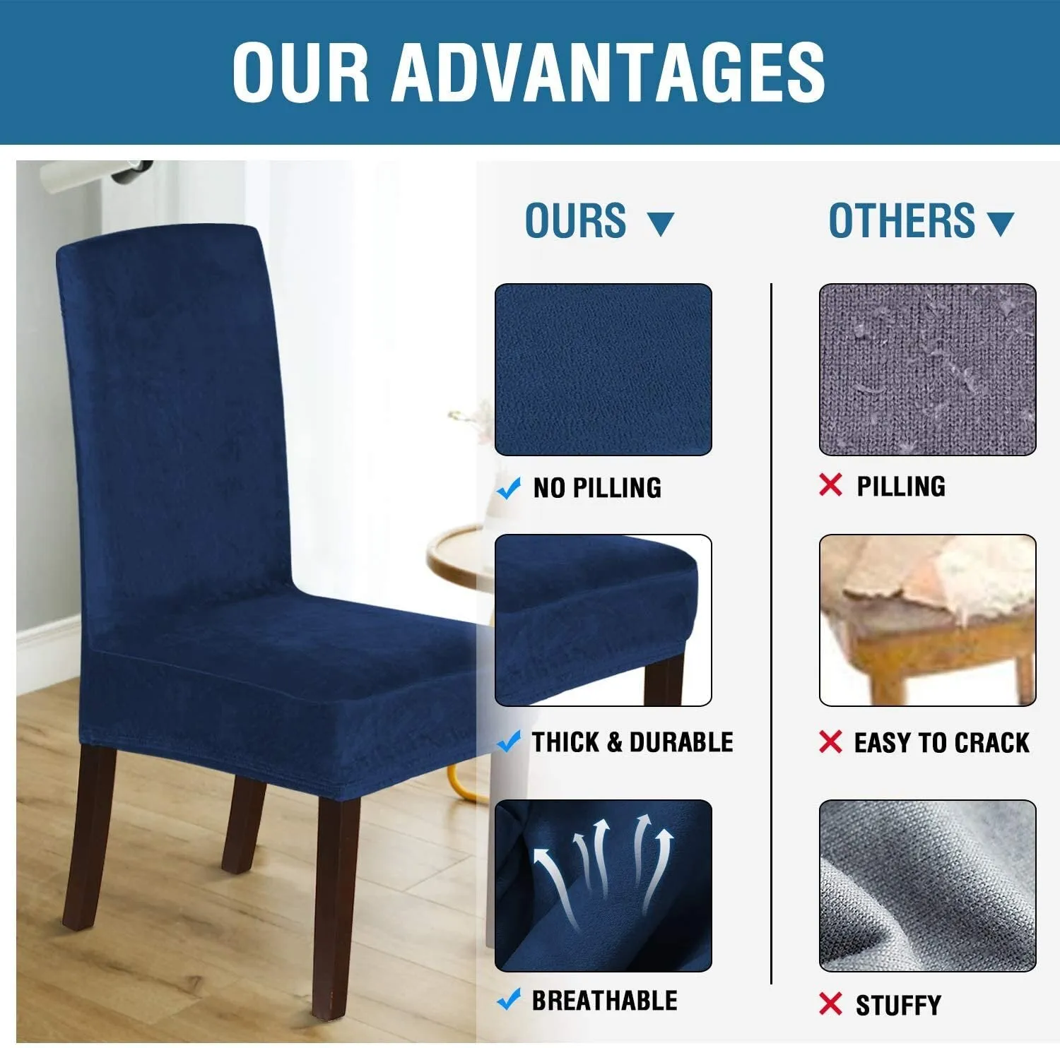 New Wayfair Enova Home SET OF 6 Soft Thick Solid Velvet Fabric Stretchy Universal Dining Chair Slipcovers (Dark Blue), Retails $27  Winner can buy up to 5 more at winning bid!
