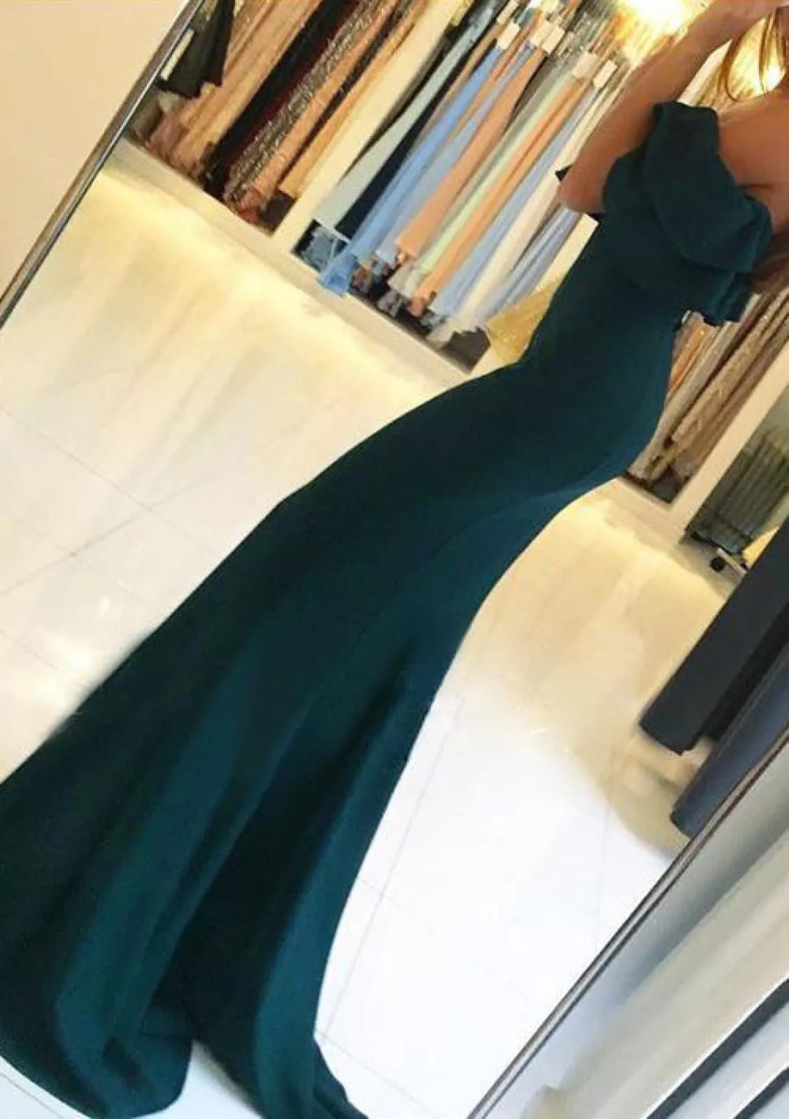 Off Shoulder Ruffles Split Drak Green Satin Trumpet Formal Dress