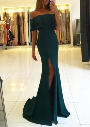 Off Shoulder Ruffles Split Drak Green Satin Trumpet Formal Dress