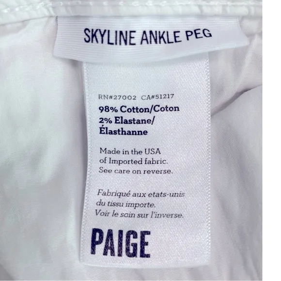PAIGE Denim Skyline Ankle Peg Jeans Mid-Rise White Size 32