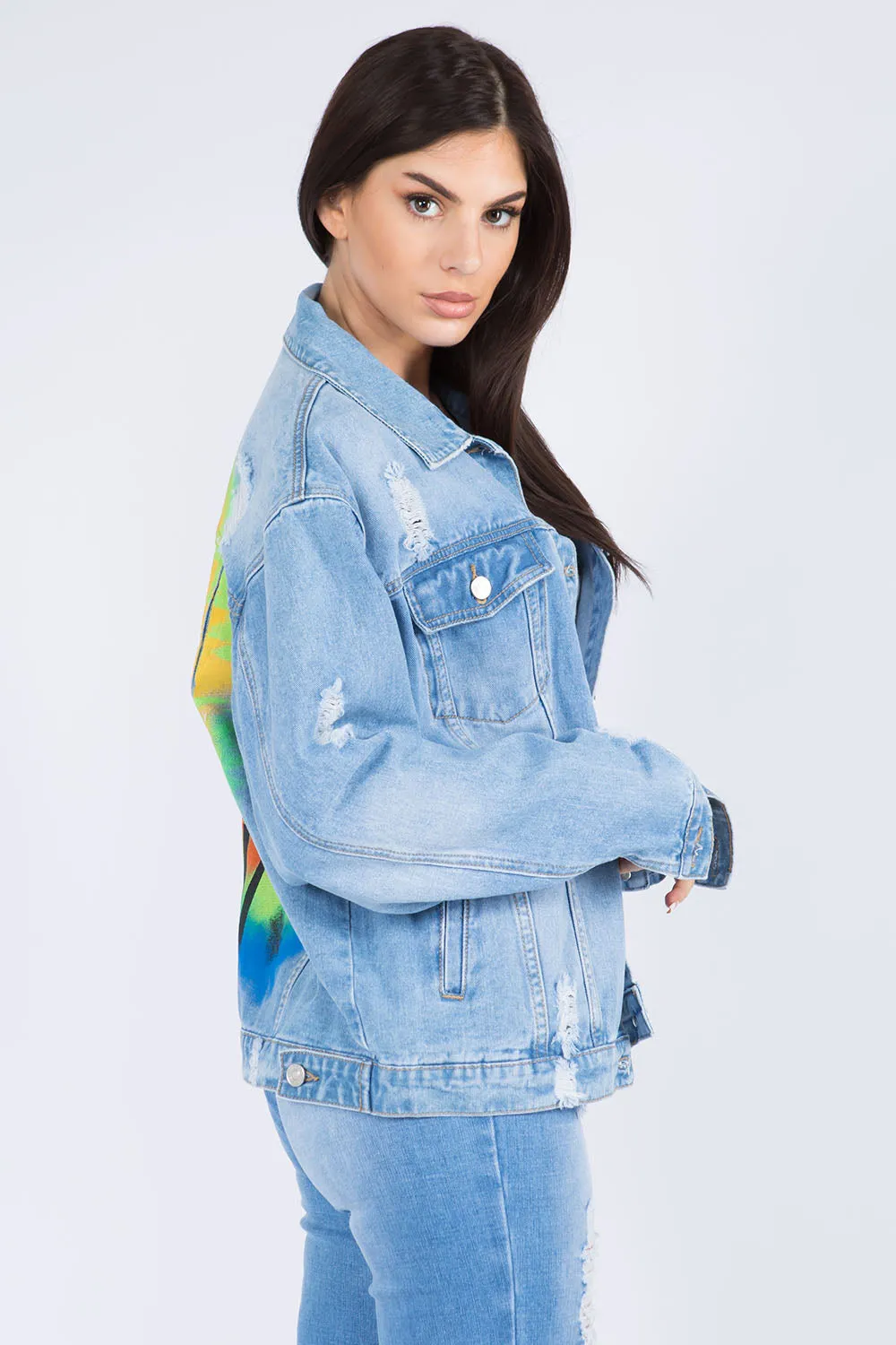 Painted Back Distressed Denim Jacket