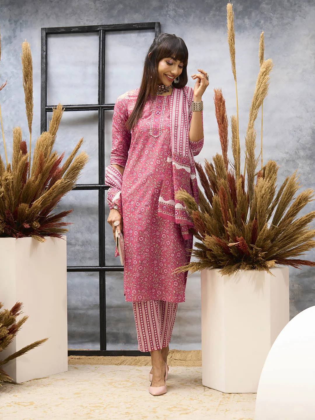 Pink Kurta Set for Women Cotton Comfort Kurta Set with Dupatta - Zola