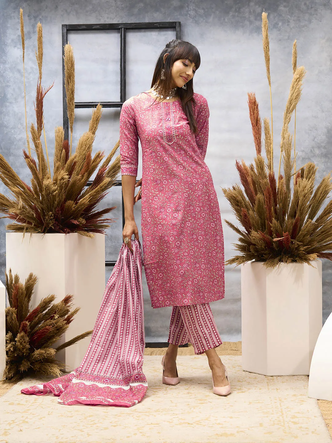 Pink Kurta Set for Women Cotton Comfort Kurta Set with Dupatta - Zola