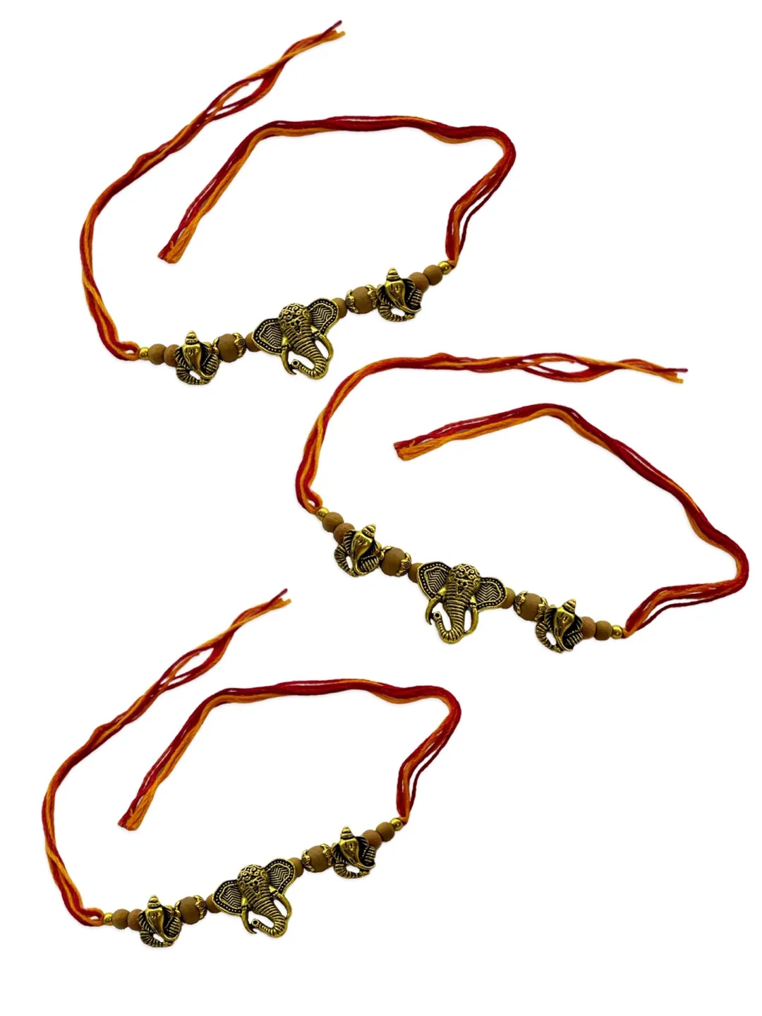 (Rakhi Set of 3) Beautiful Chandan Ki Rakhi Ganesha God Elephant Headed Mauli Thread Rakhee