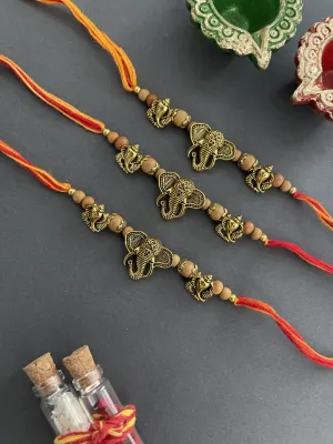 (Rakhi Set of 3) Beautiful Chandan Ki Rakhi Ganesha God Elephant Headed Mauli Thread Rakhee