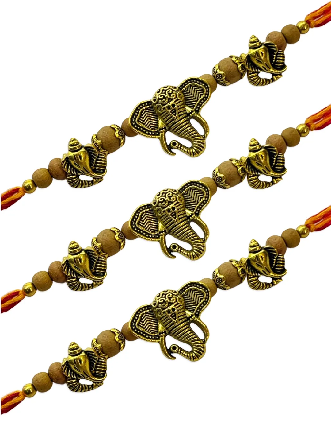 (Rakhi Set of 3) Beautiful Chandan Ki Rakhi Ganesha God Elephant Headed Mauli Thread Rakhee