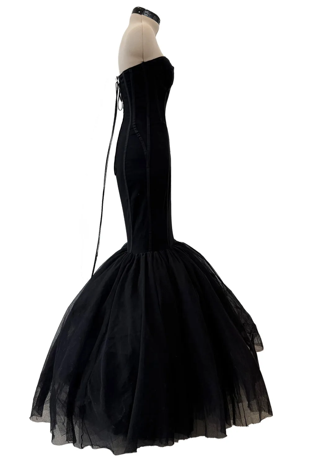 Rare 2008 Dolce & Gabbana Black Silk Net Corset Lace Up Dress w Massive Lower Skirts