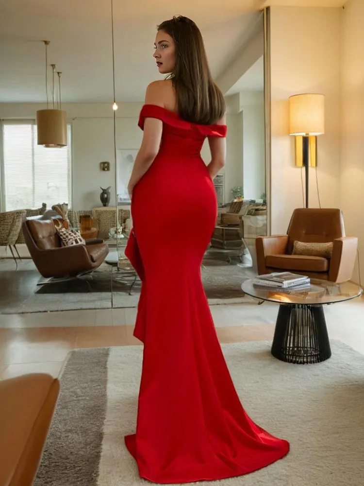 Red Off The Shoulder Satin Long Prom Dress with Flower Appliques