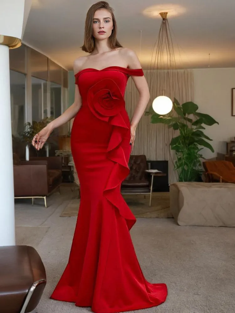 Red Off The Shoulder Satin Long Prom Dress with Flower Appliques