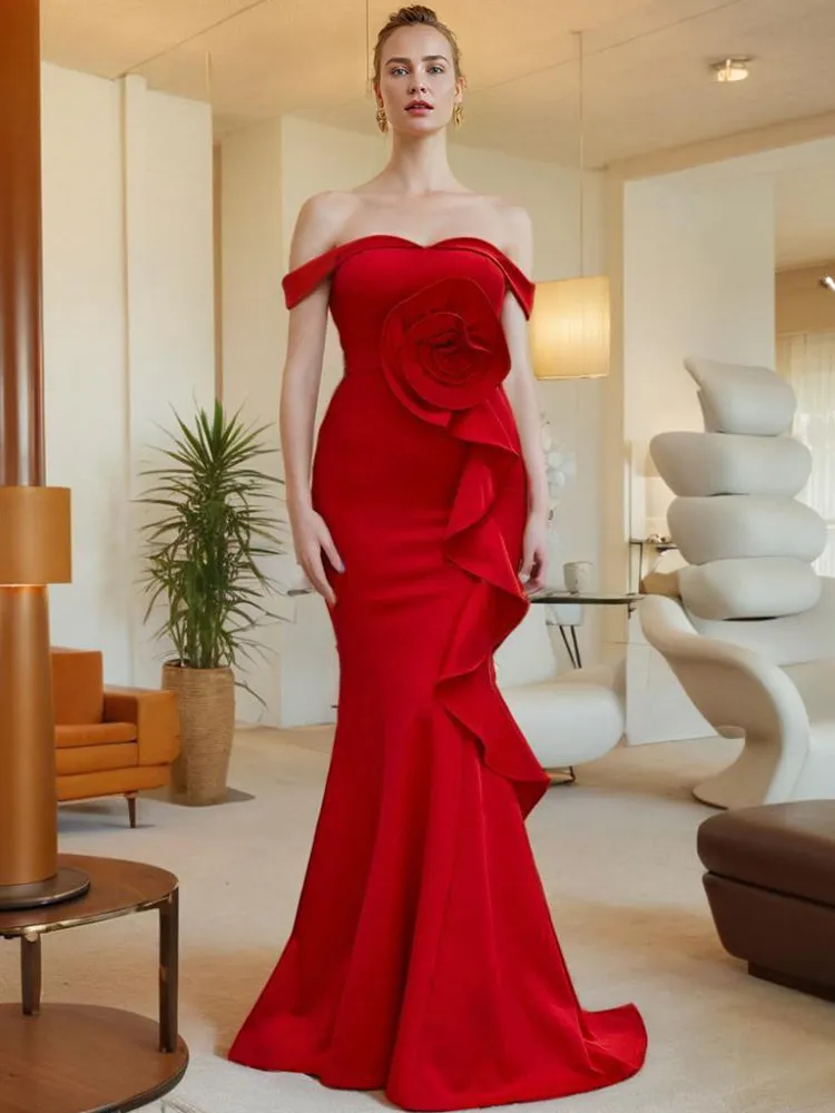 Red Off The Shoulder Satin Long Prom Dress with Flower Appliques