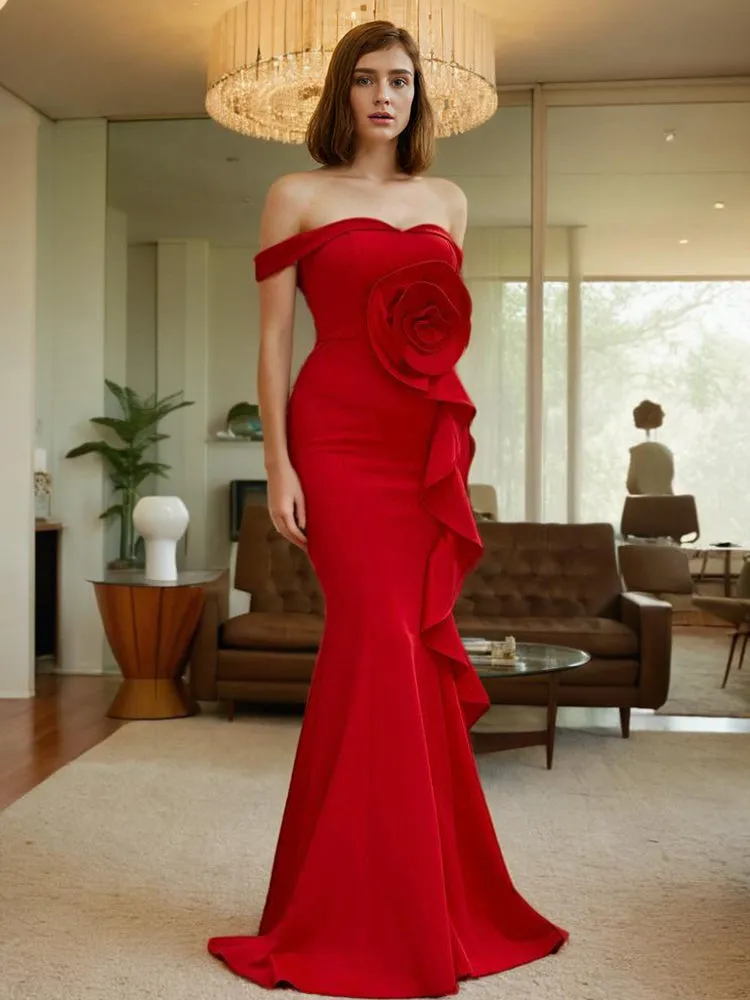 Red Off The Shoulder Satin Long Prom Dress with Flower Appliques