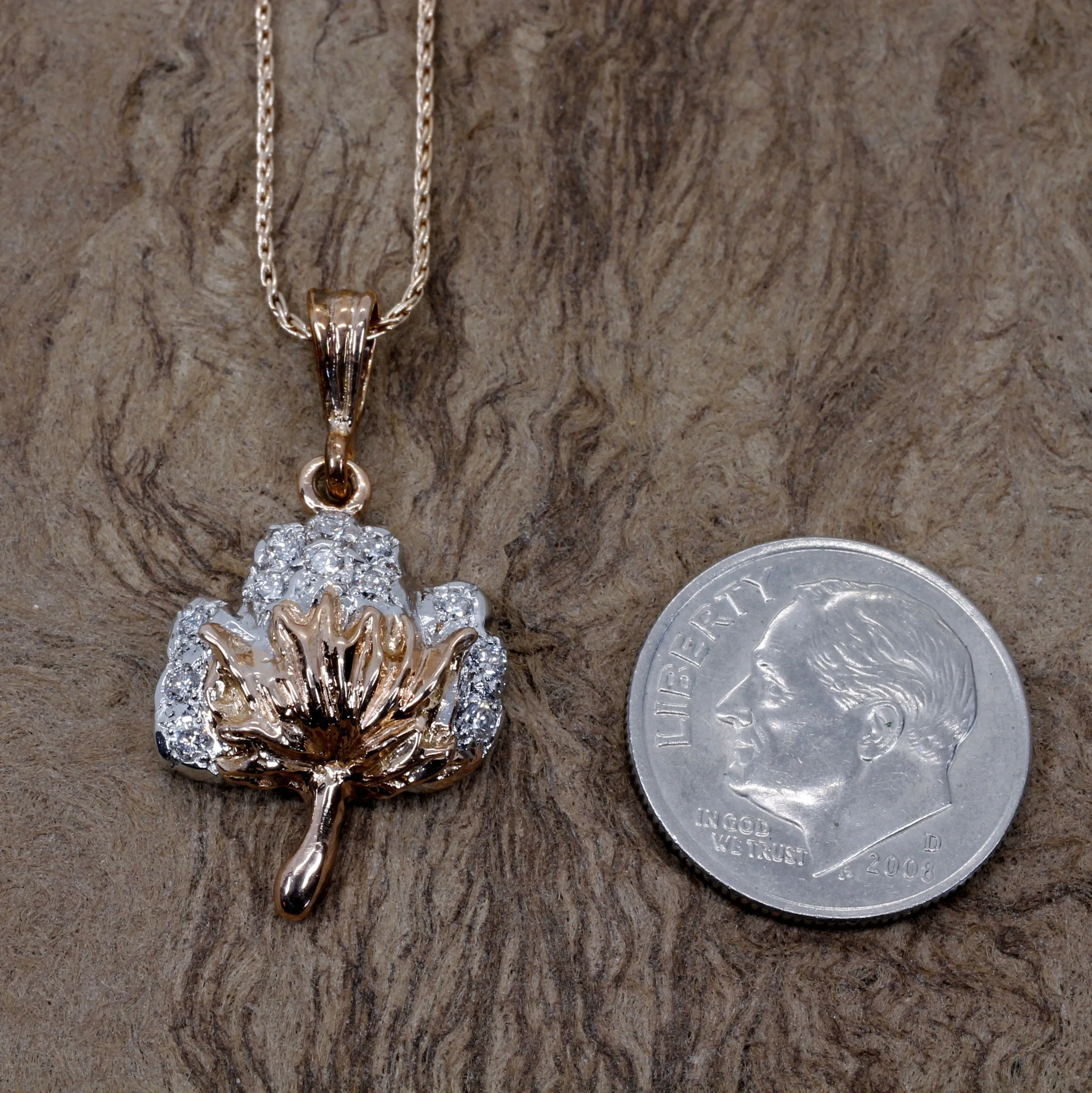 Rose Gold Diamond Cotton Boll Necklace with Detailed Cotton Boll