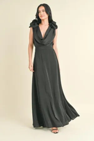 ROSETTE PLUNGING COWL NECK MAXI