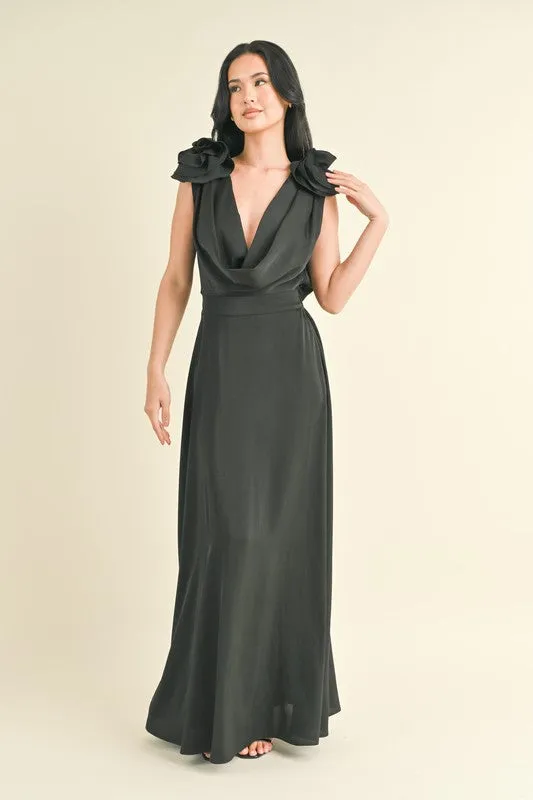 ROSETTE PLUNGING COWL NECK MAXI