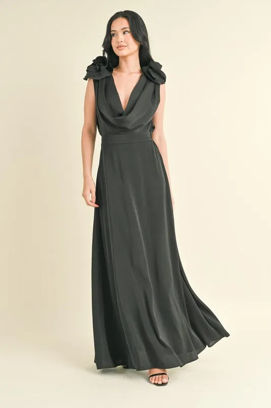 ROSETTE PLUNGING COWL NECK MAXI