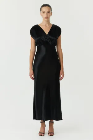 SATIN CROSS OVER GATHER DRESS | BLACK