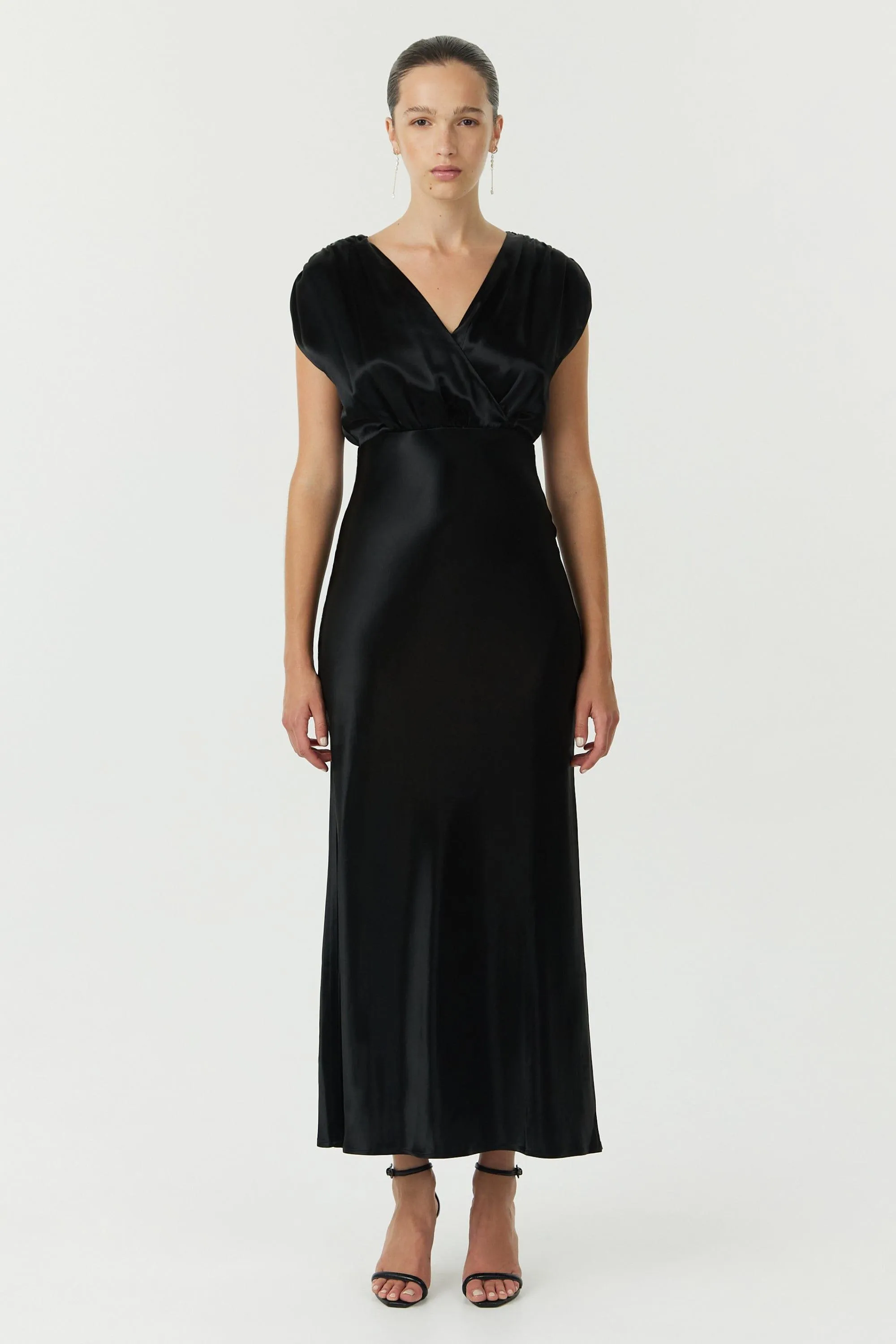 SATIN CROSS OVER GATHER DRESS | BLACK