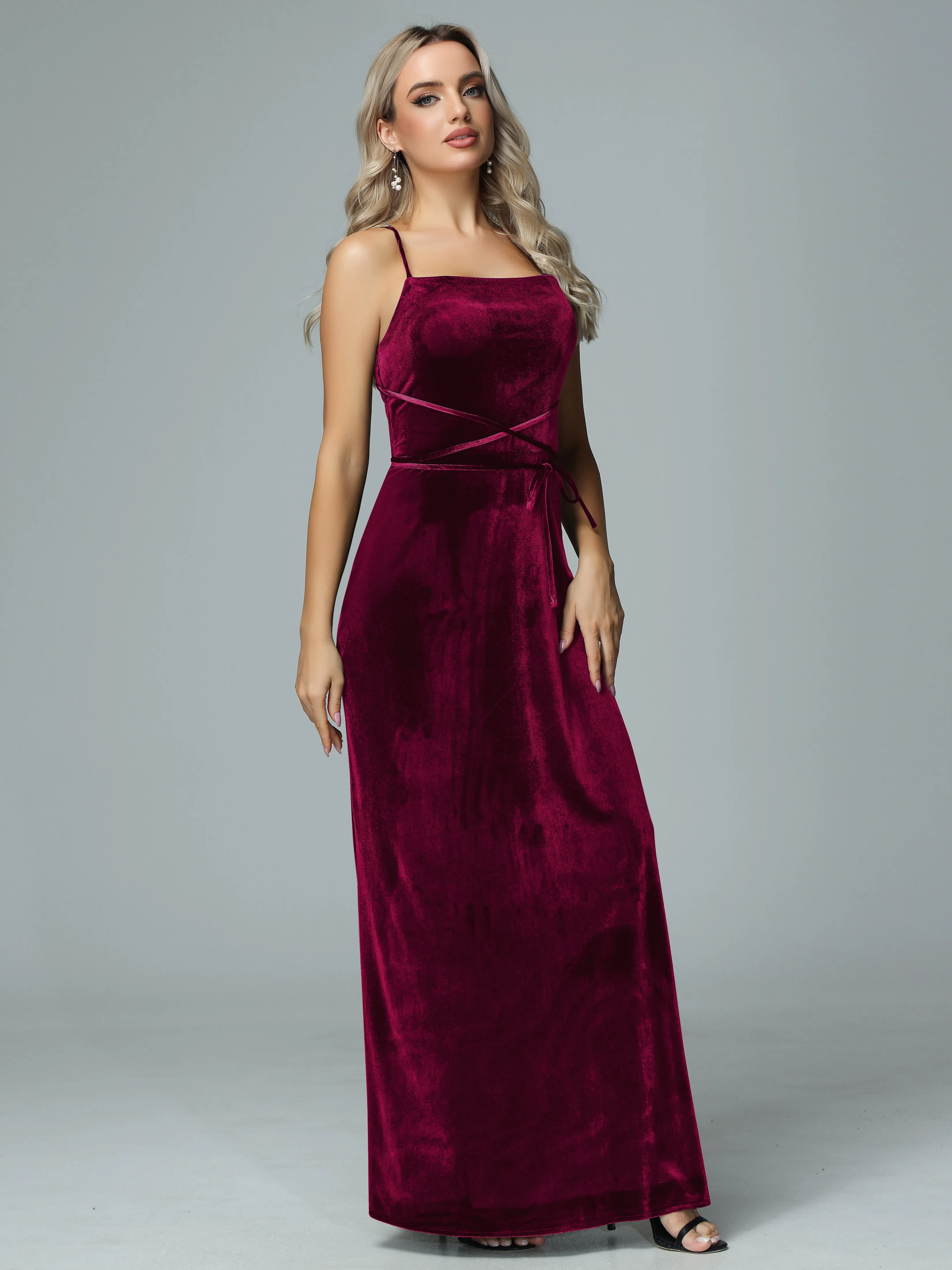 Spaghetti Straps Velvet Floor Length Bridesmaid Dress