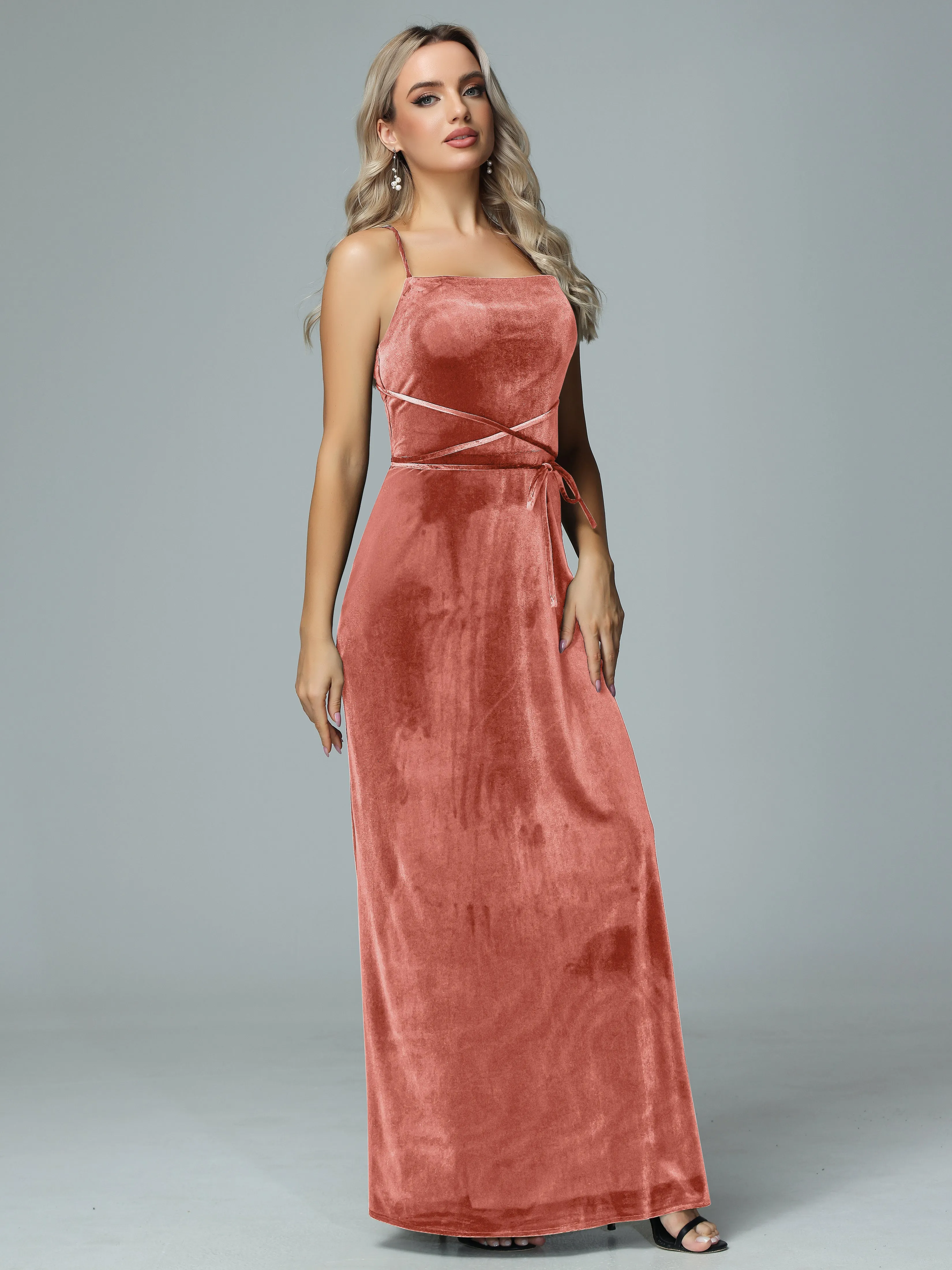 Spaghetti Straps Velvet Floor Length Bridesmaid Dress