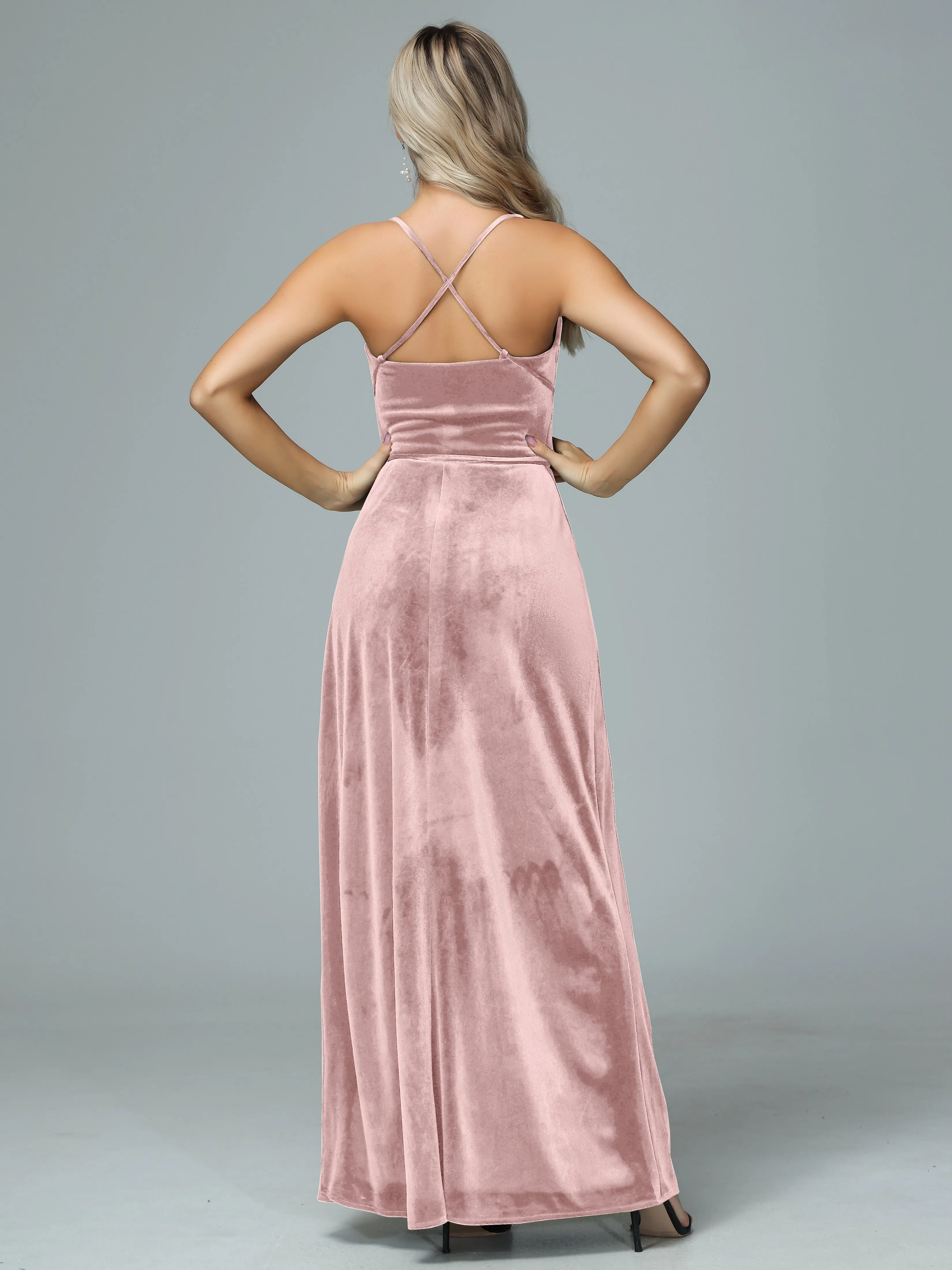 Spaghetti Straps Velvet Floor Length Bridesmaid Dress