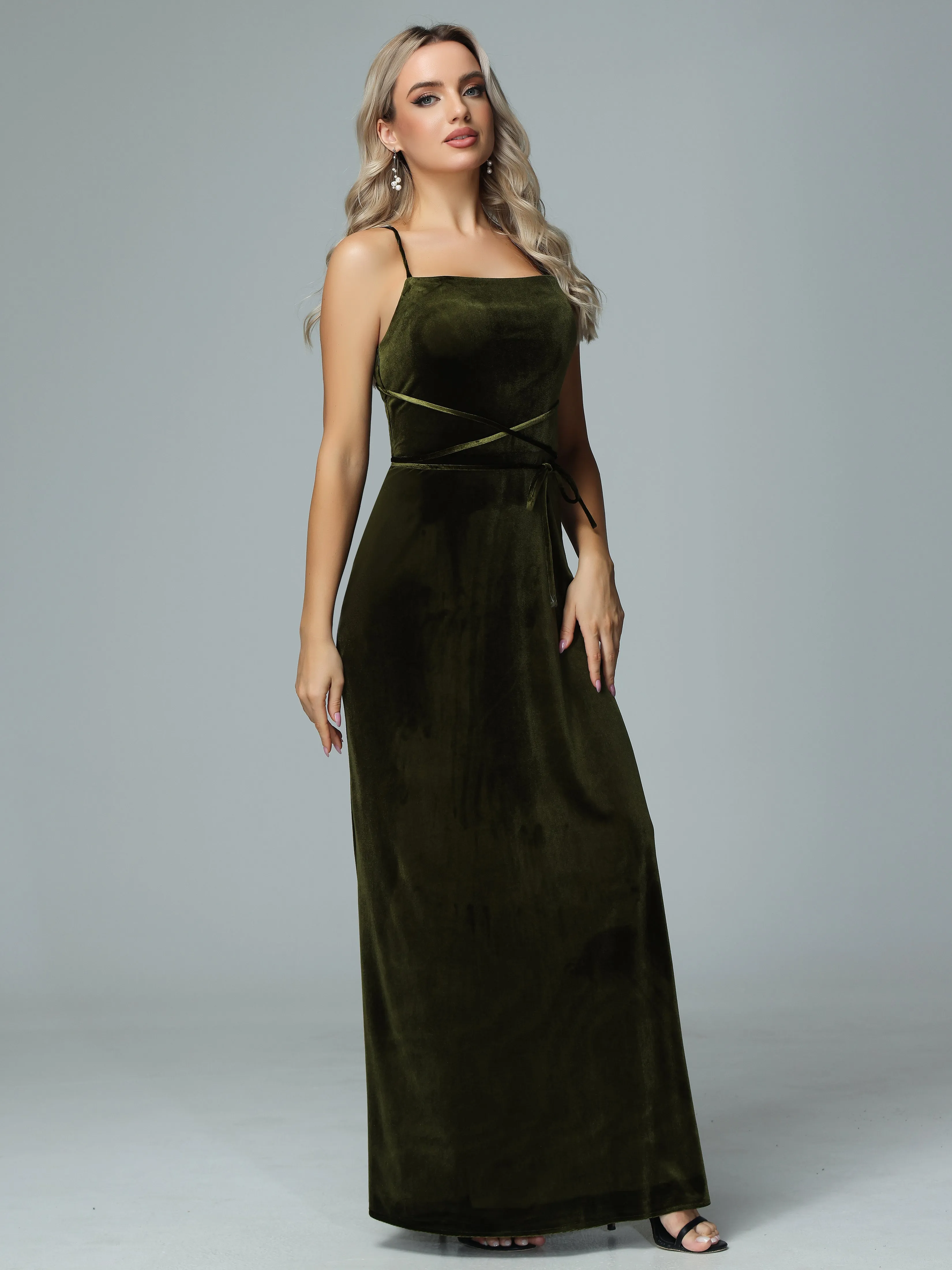 Spaghetti Straps Velvet Floor Length Bridesmaid Dress