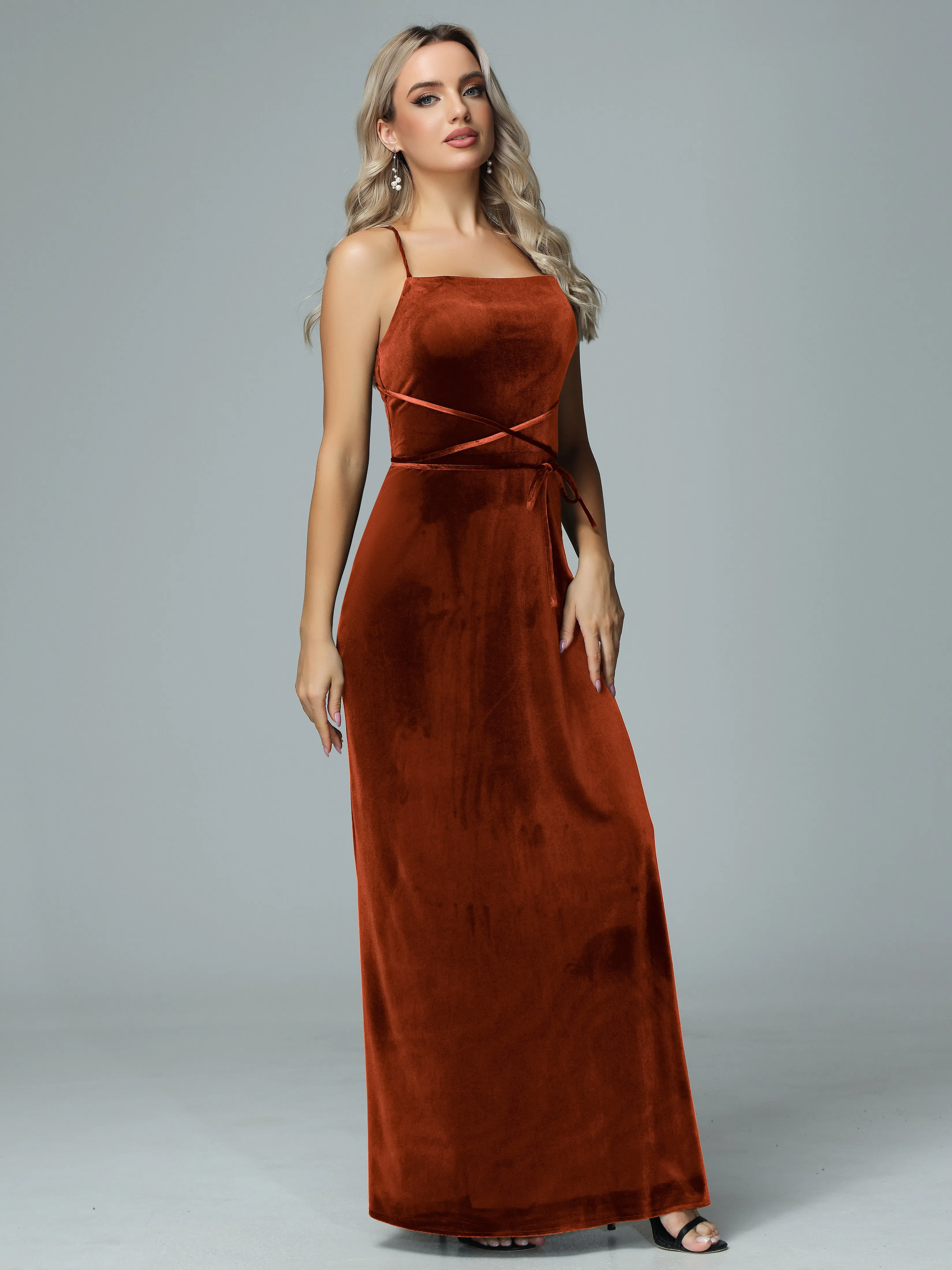 Spaghetti Straps Velvet Floor Length Bridesmaid Dress
