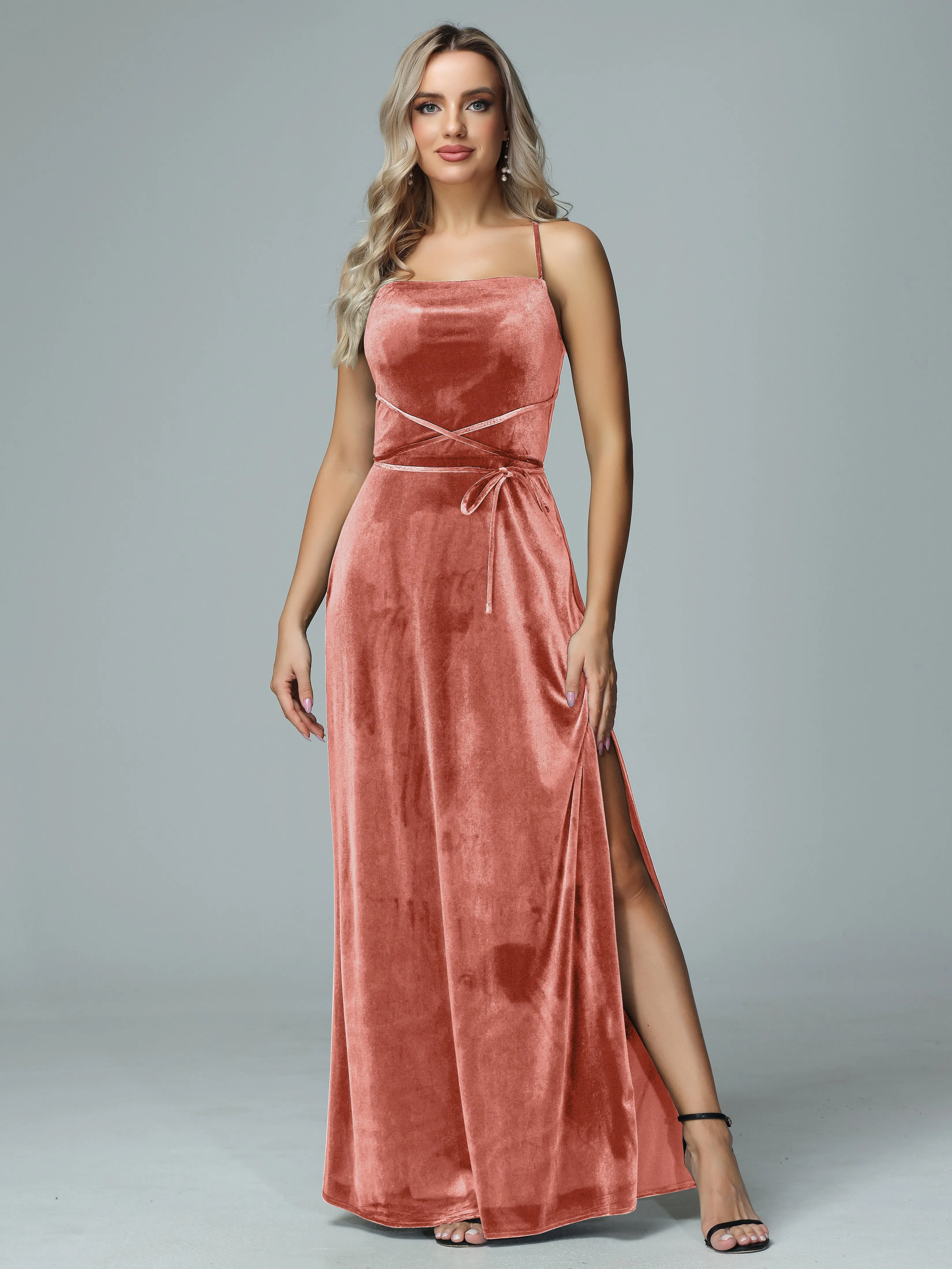 Spaghetti Straps Velvet Floor Length Bridesmaid Dress