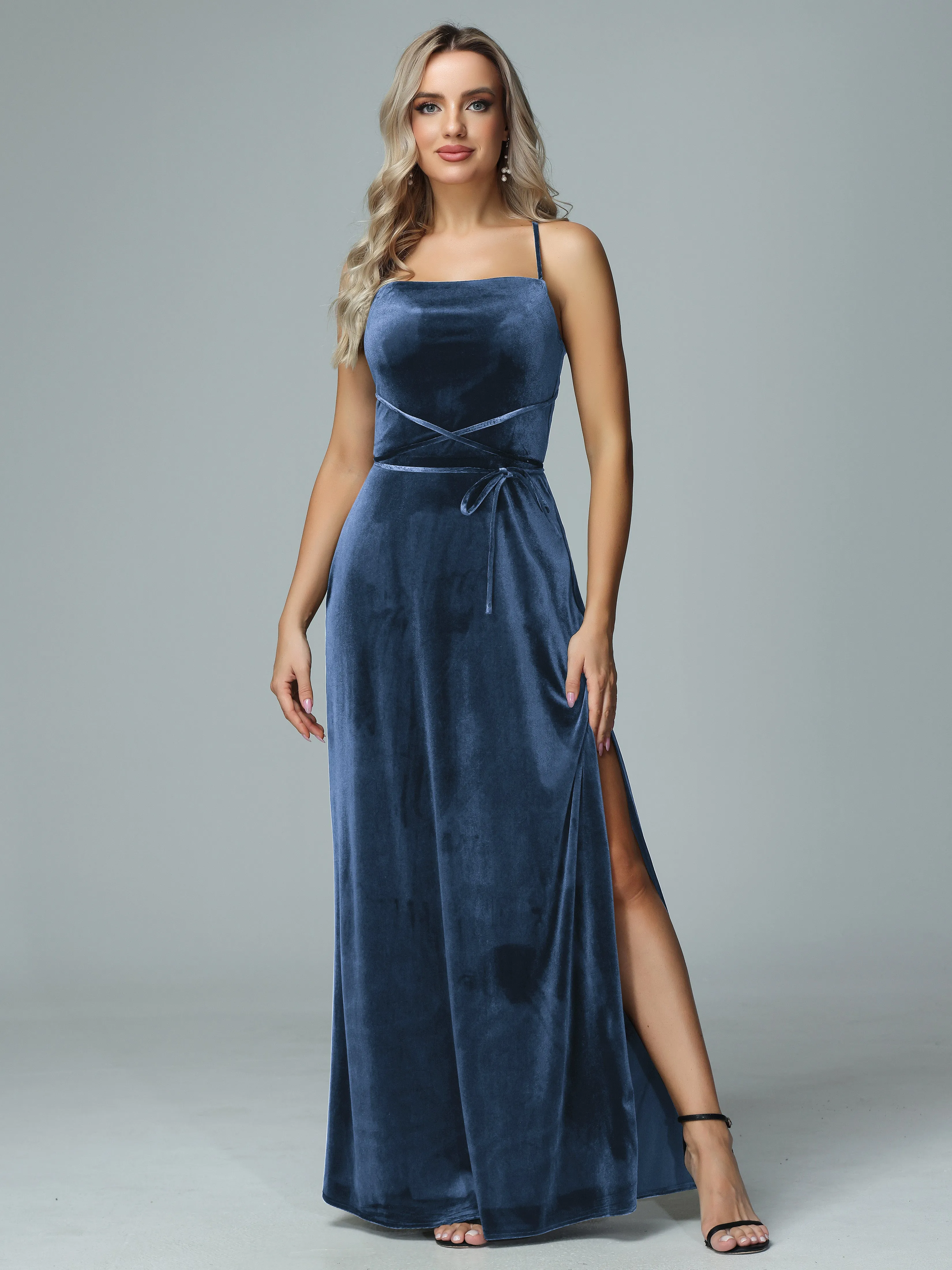 Spaghetti Straps Velvet Floor Length Bridesmaid Dress