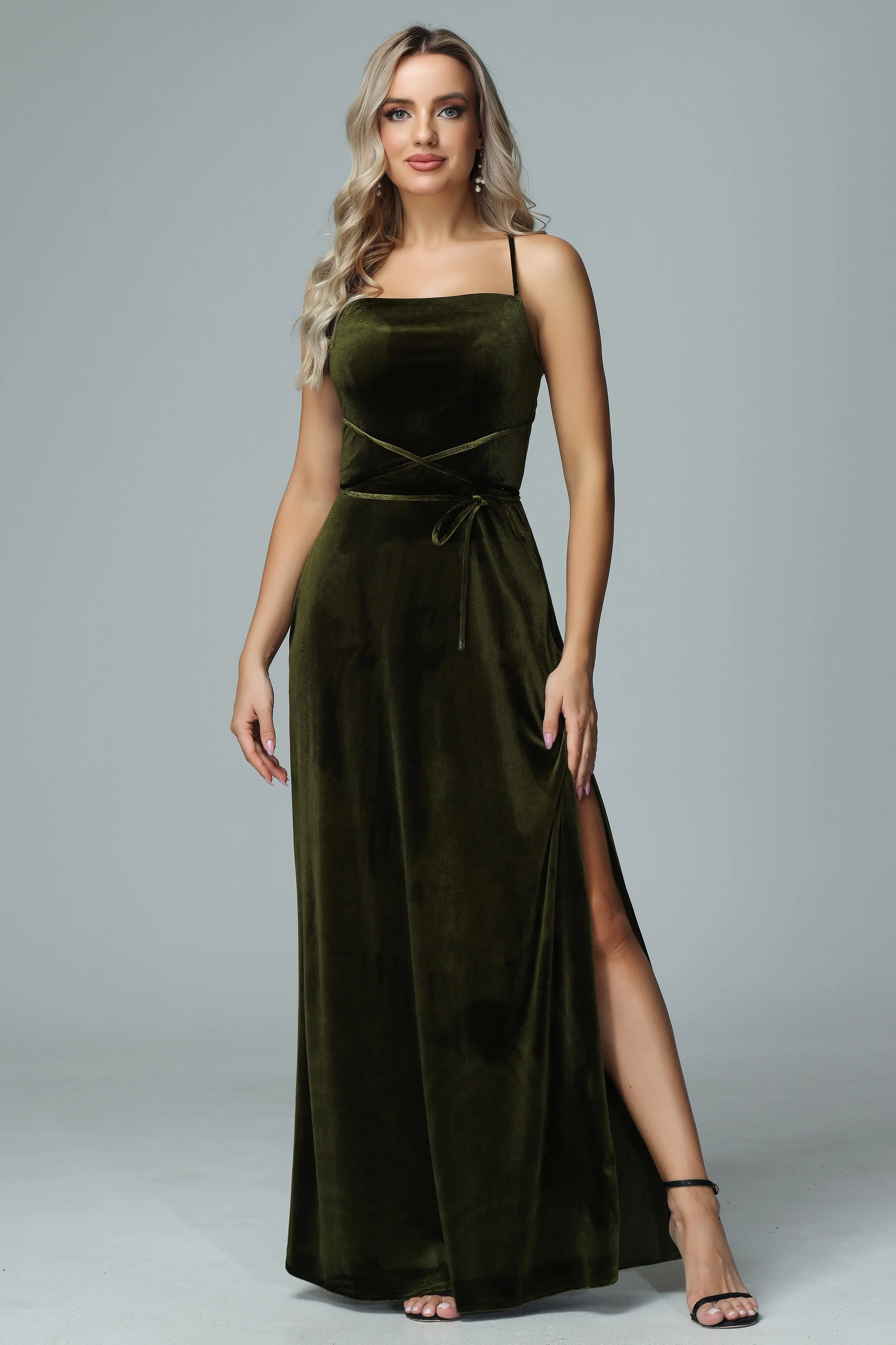 Spaghetti Straps Velvet Floor Length Bridesmaid Dress