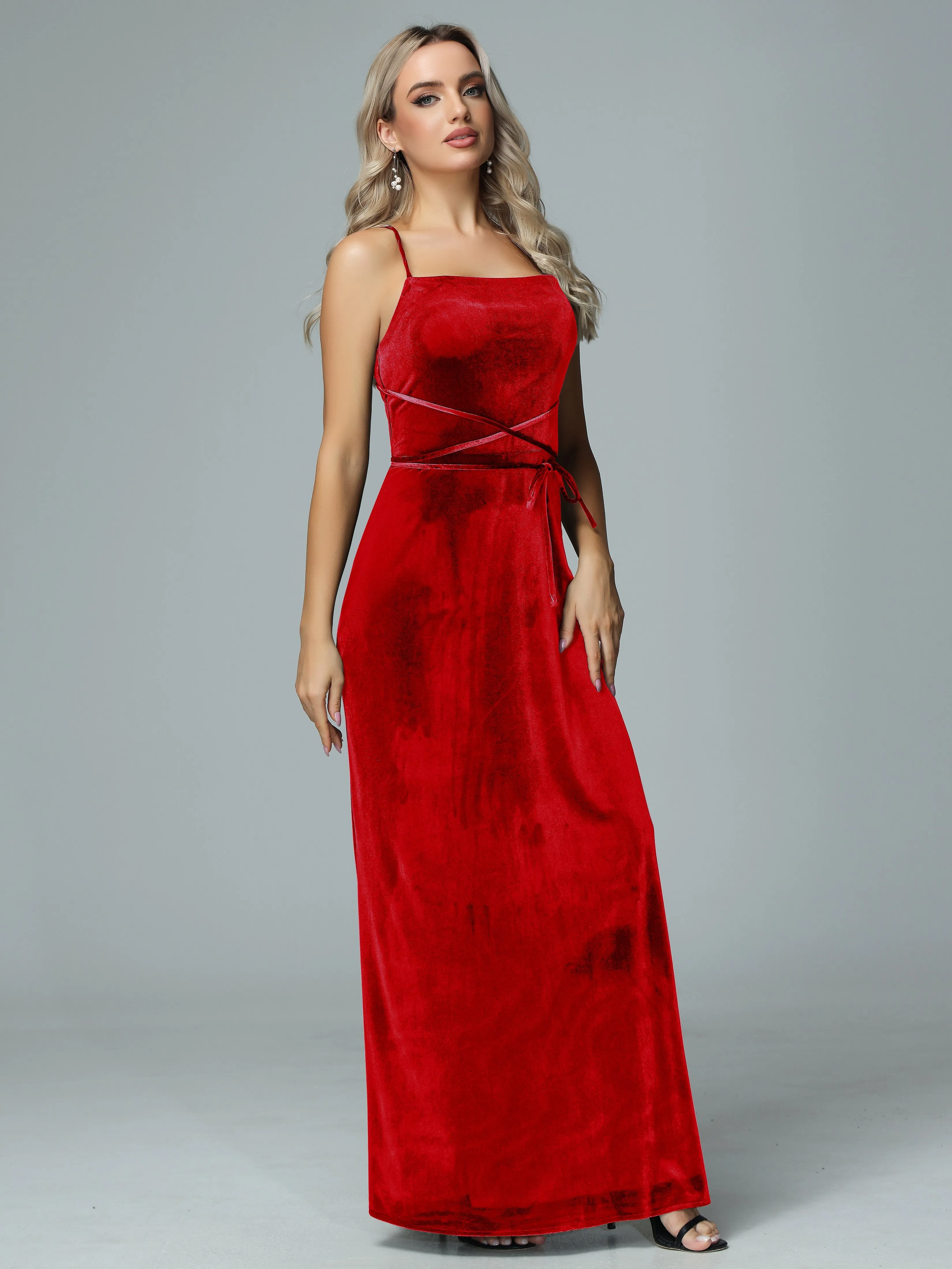 Spaghetti Straps Velvet Floor Length Bridesmaid Dress