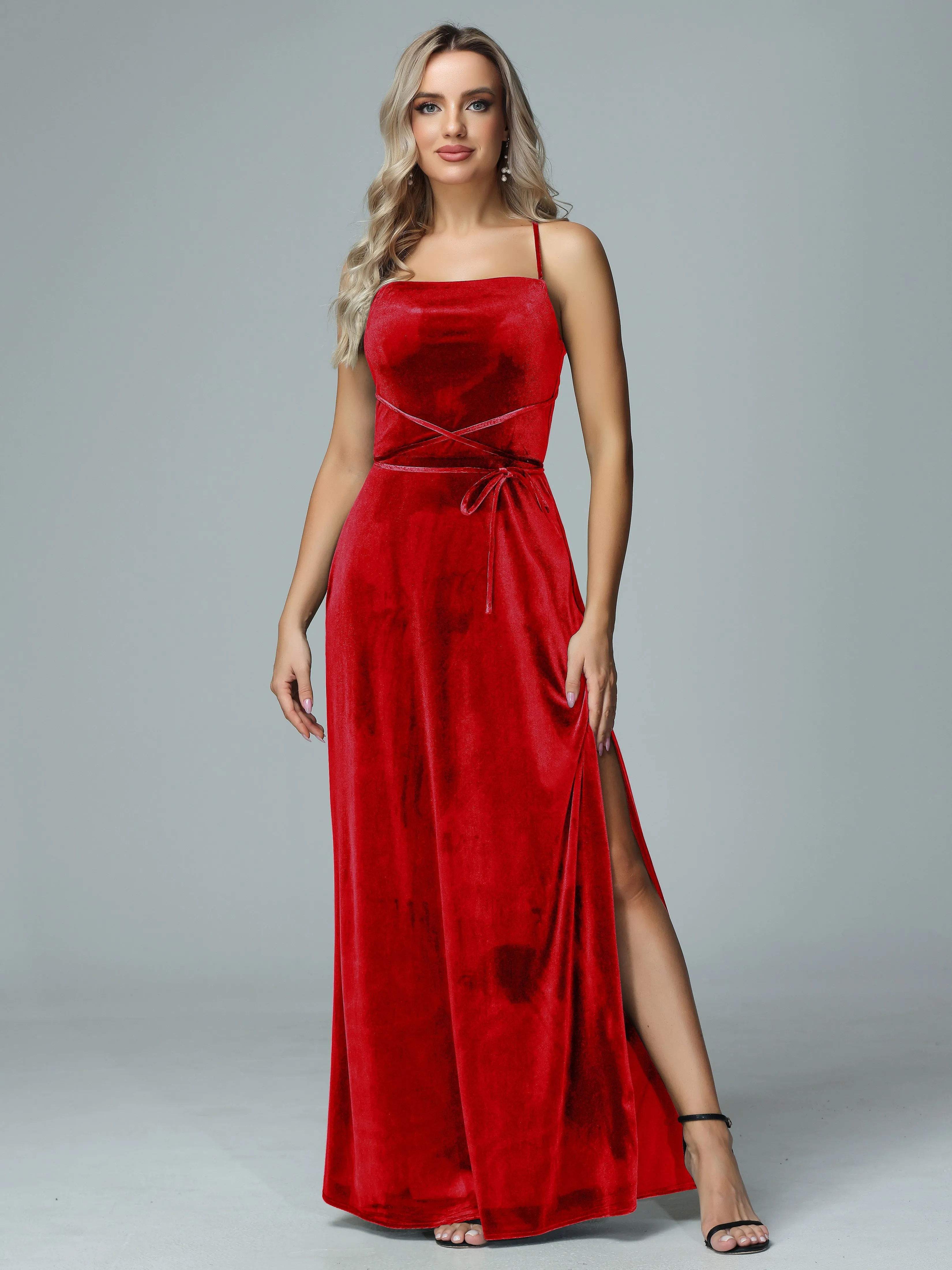 Spaghetti Straps Velvet Floor Length Bridesmaid Dress