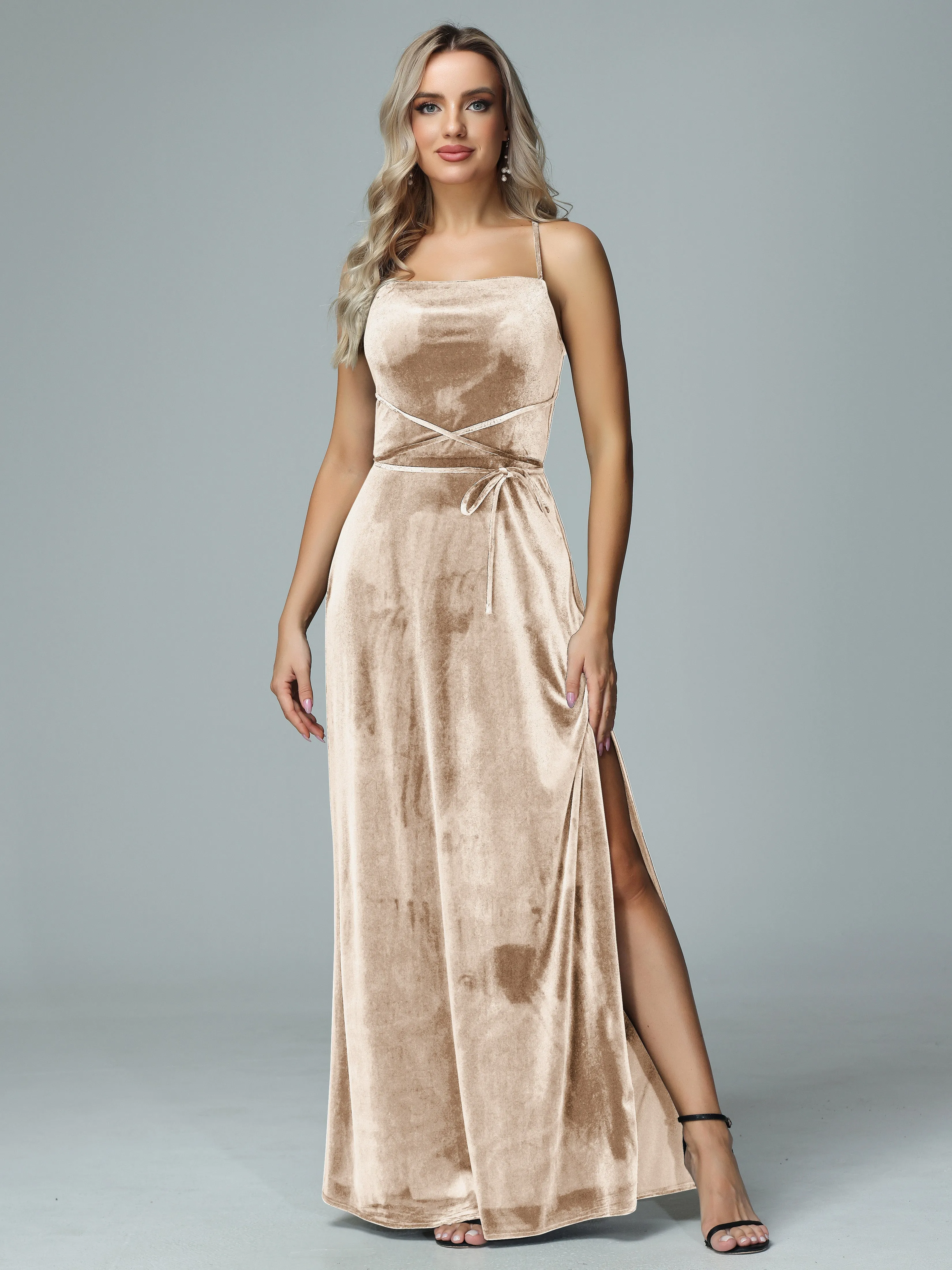 Spaghetti Straps Velvet Floor Length Bridesmaid Dress