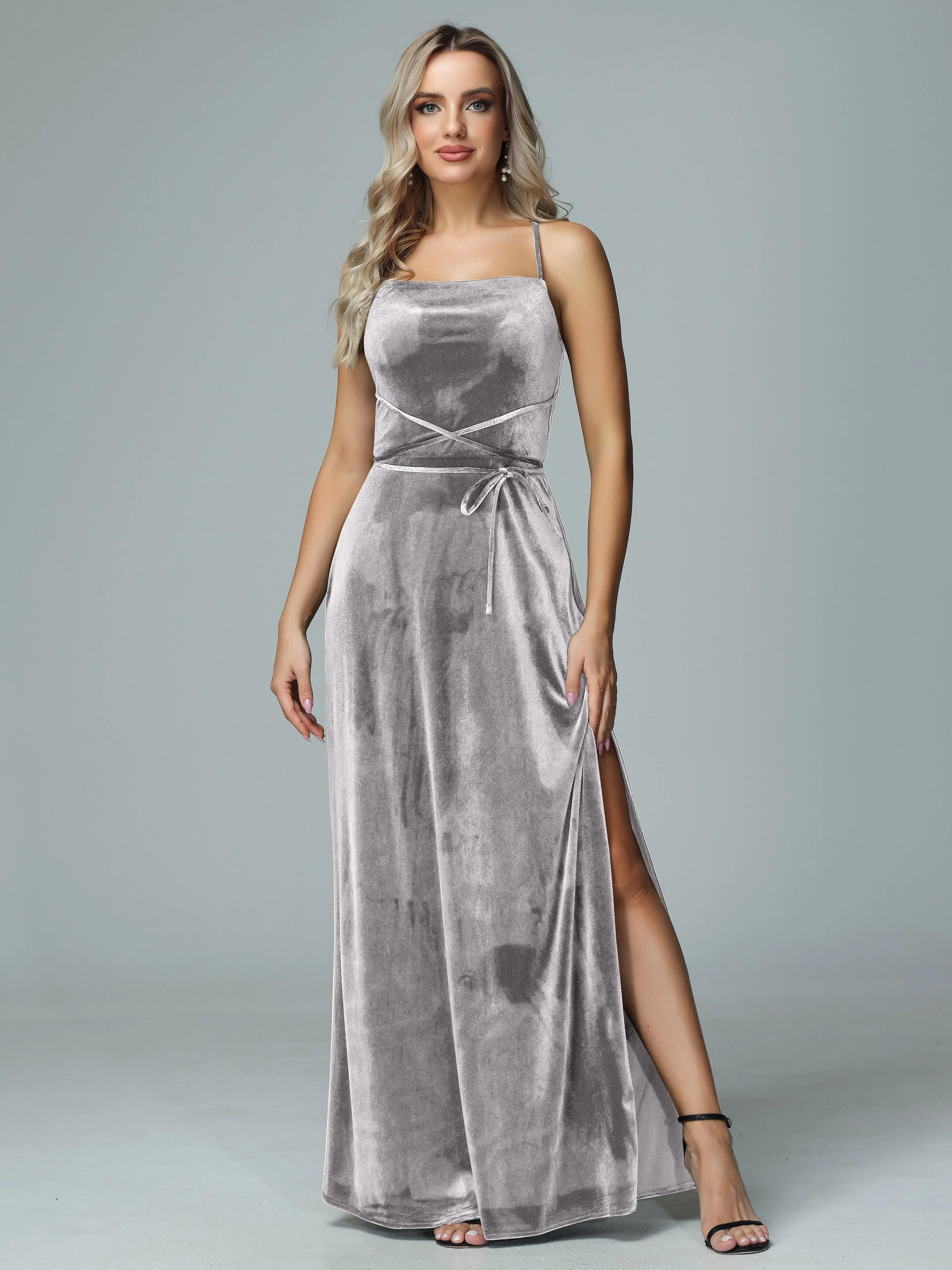 Spaghetti Straps Velvet Floor Length Bridesmaid Dress