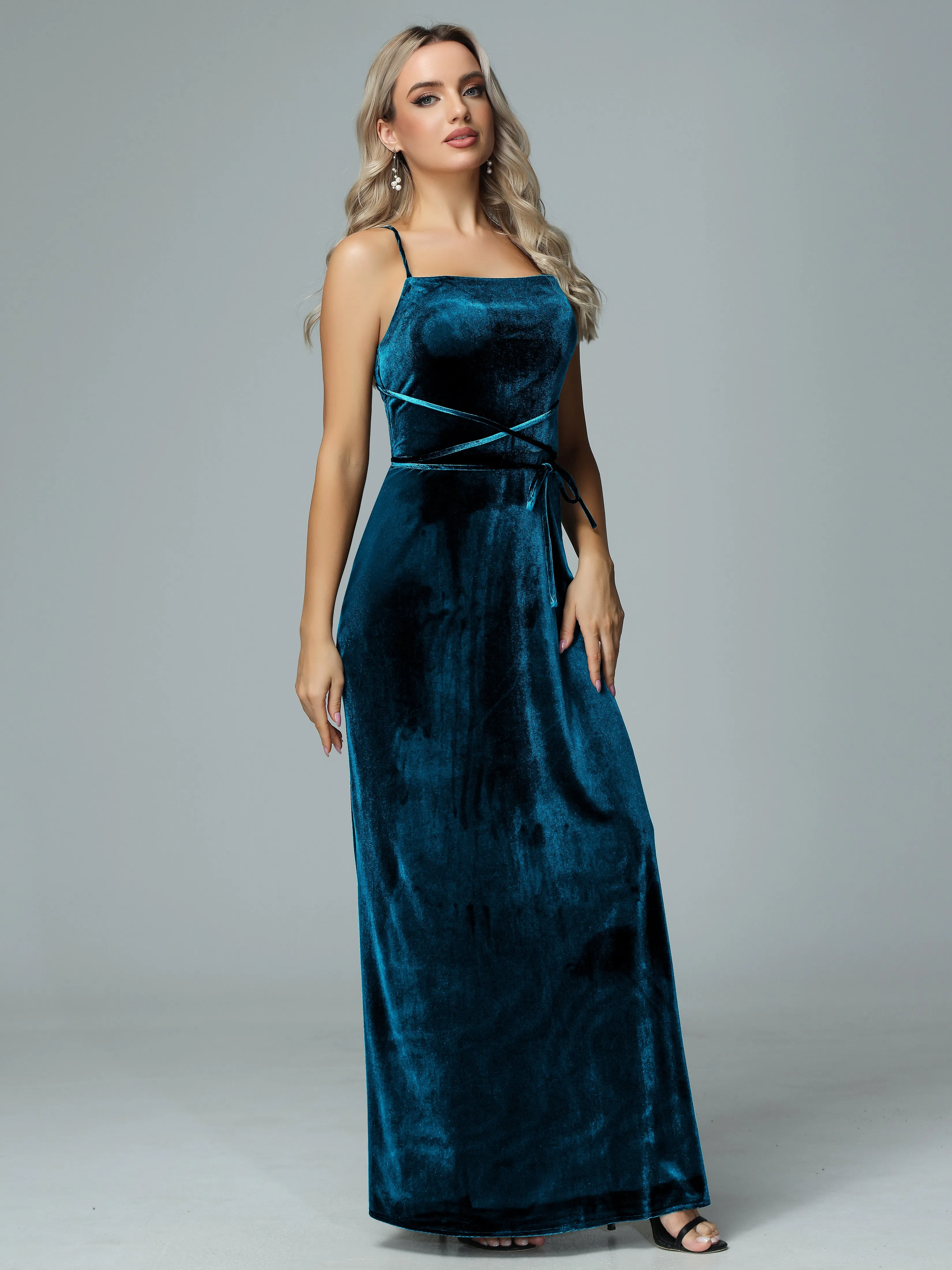 Spaghetti Straps Velvet Floor Length Bridesmaid Dress