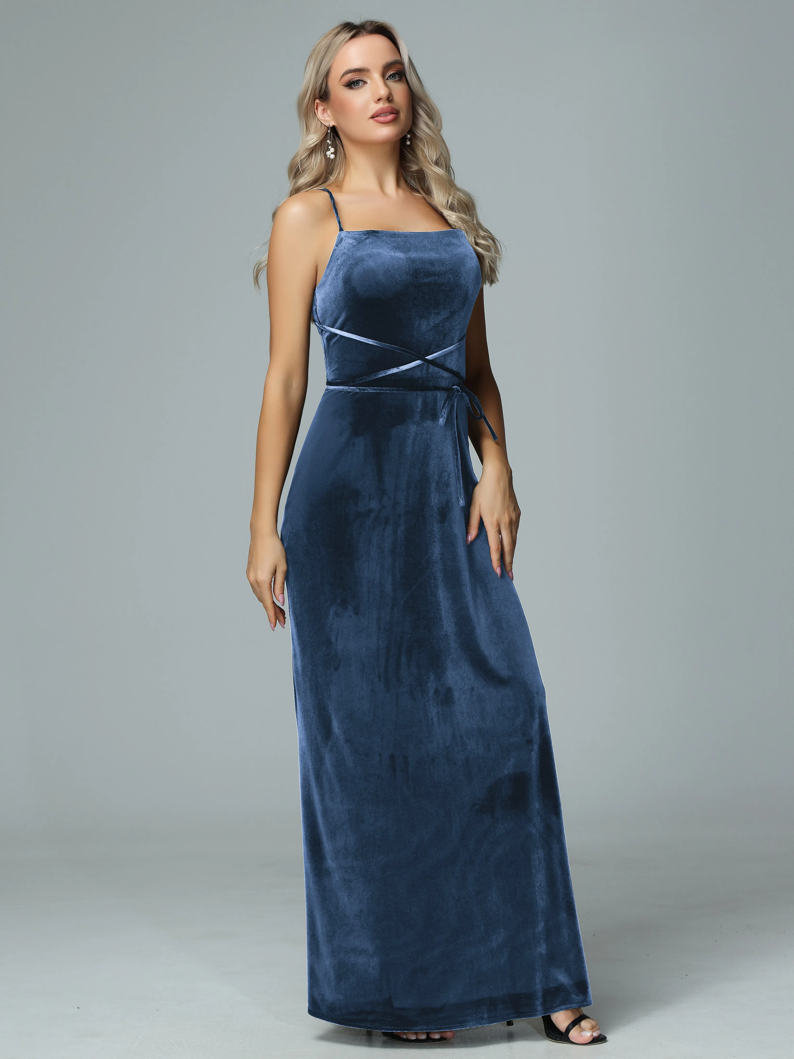 Spaghetti Straps Velvet Floor Length Bridesmaid Dress