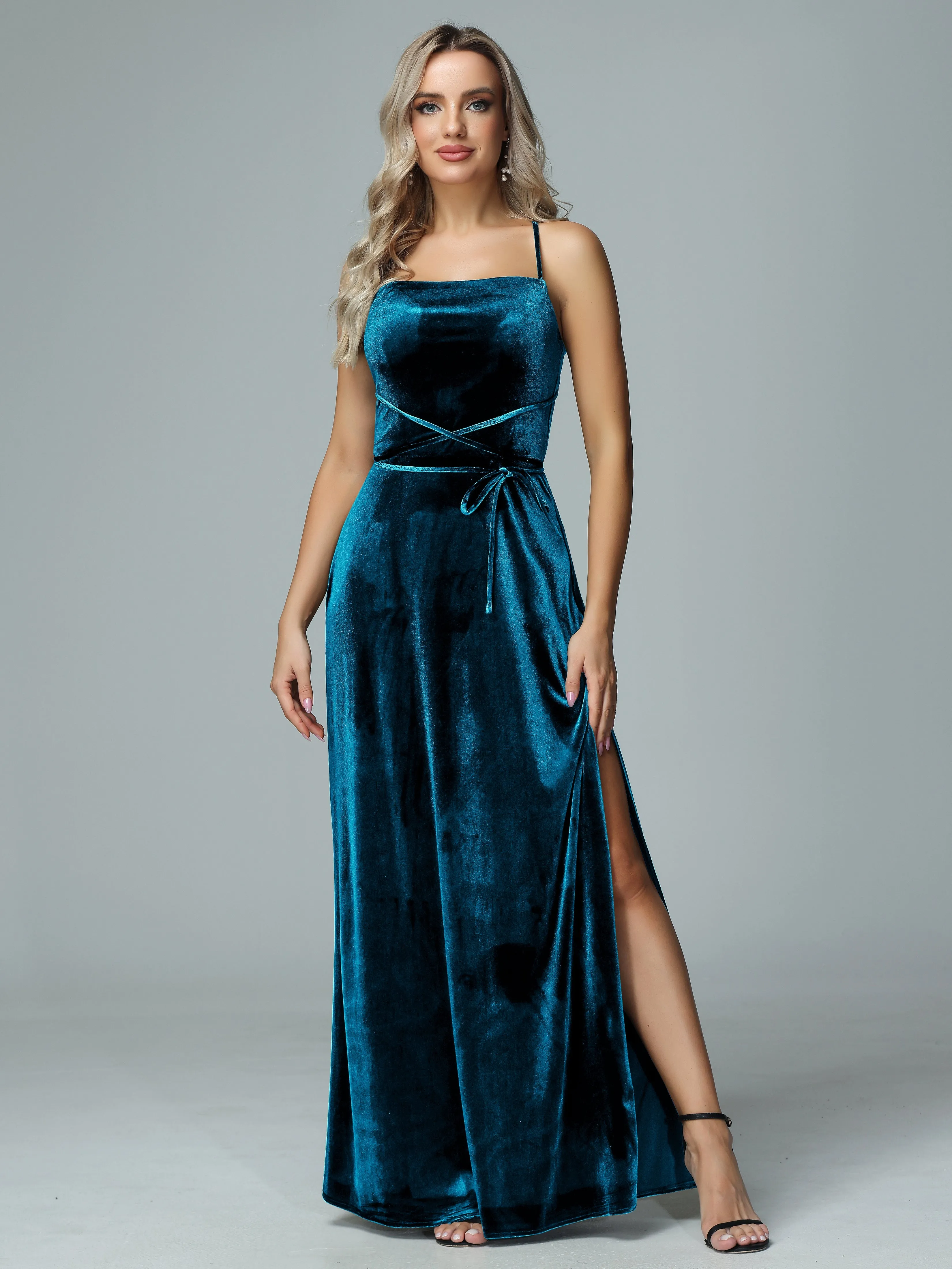 Spaghetti Straps Velvet Floor Length Bridesmaid Dress