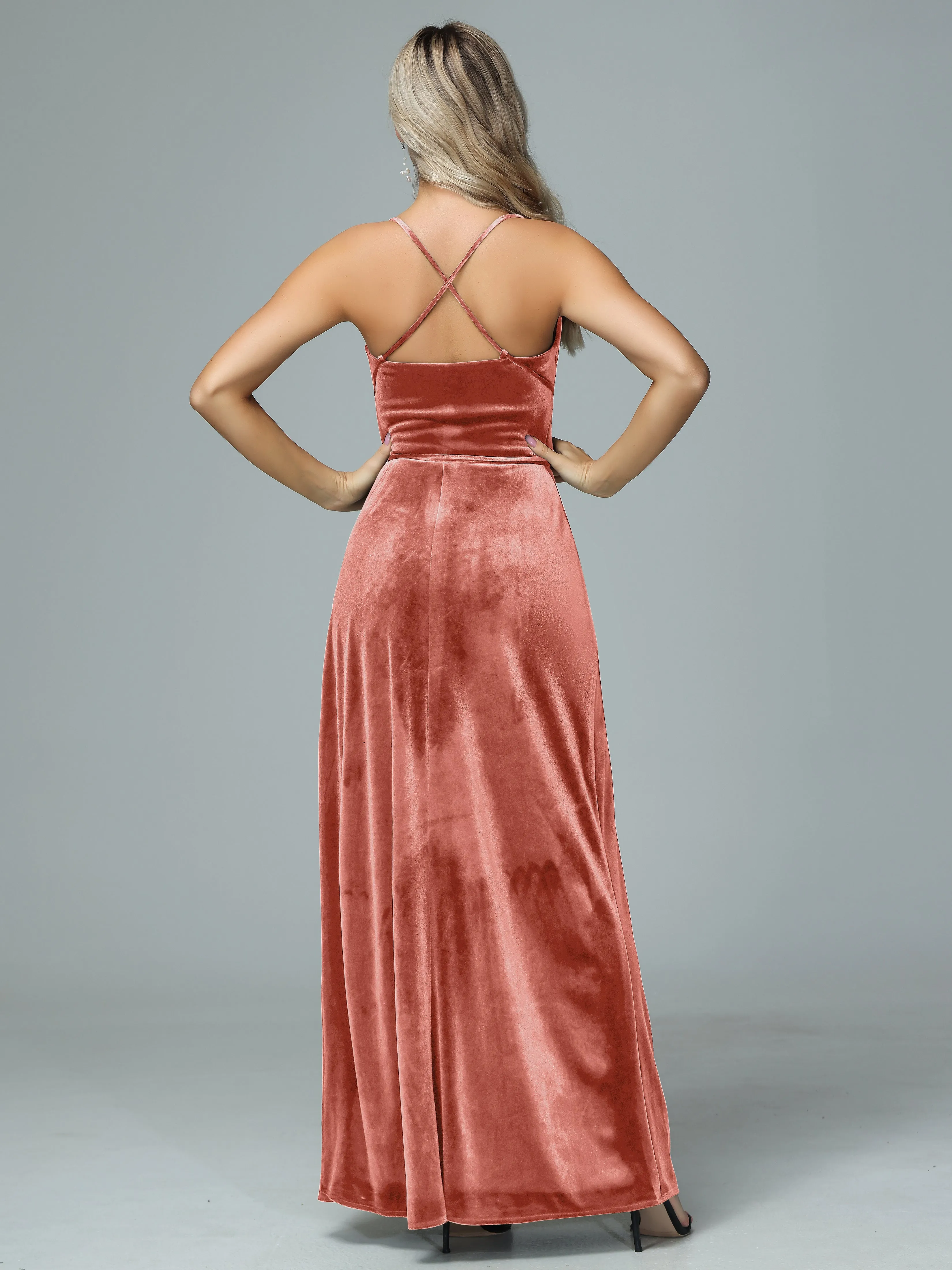 Spaghetti Straps Velvet Floor Length Bridesmaid Dress