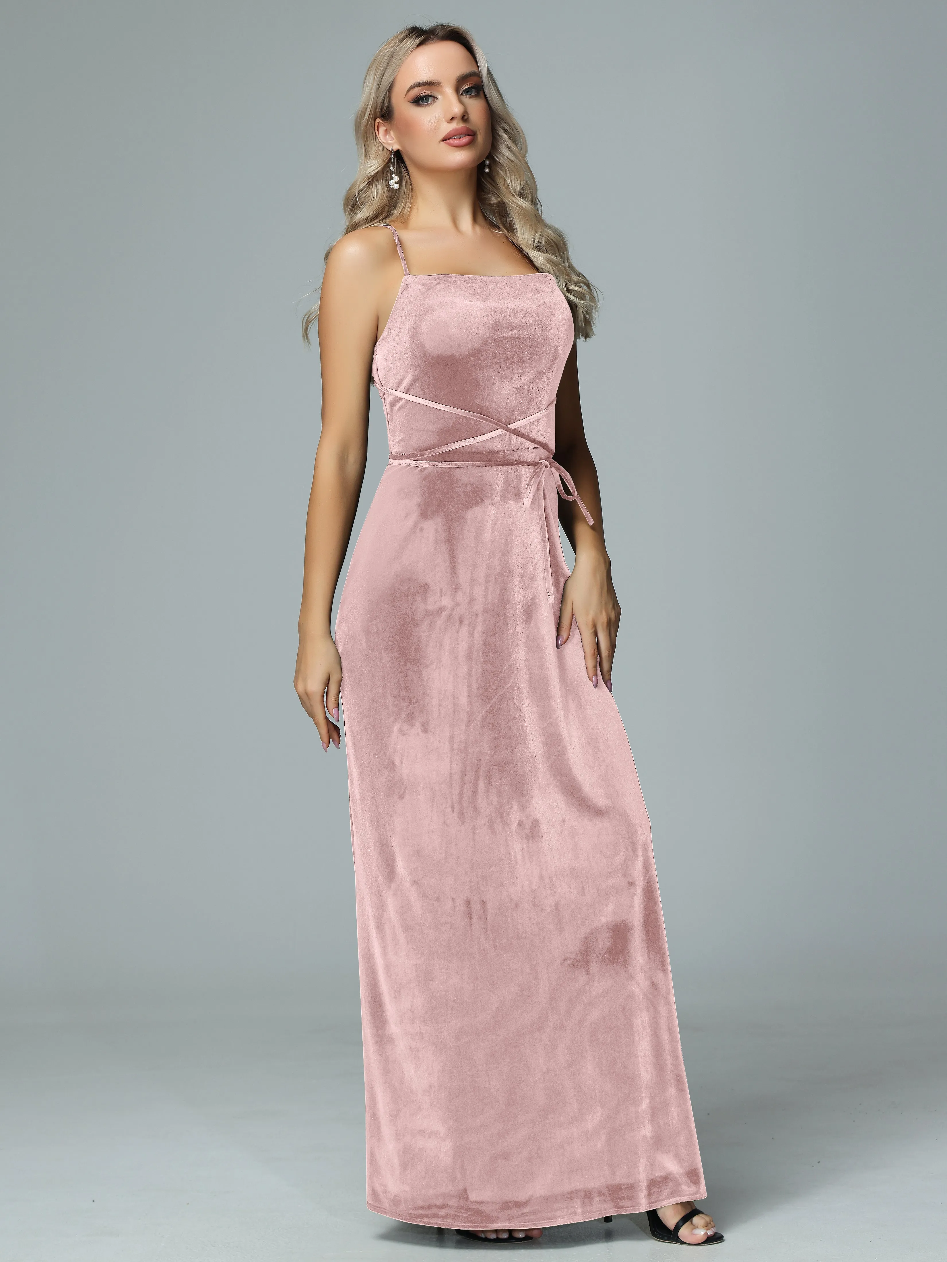 Spaghetti Straps Velvet Floor Length Bridesmaid Dress
