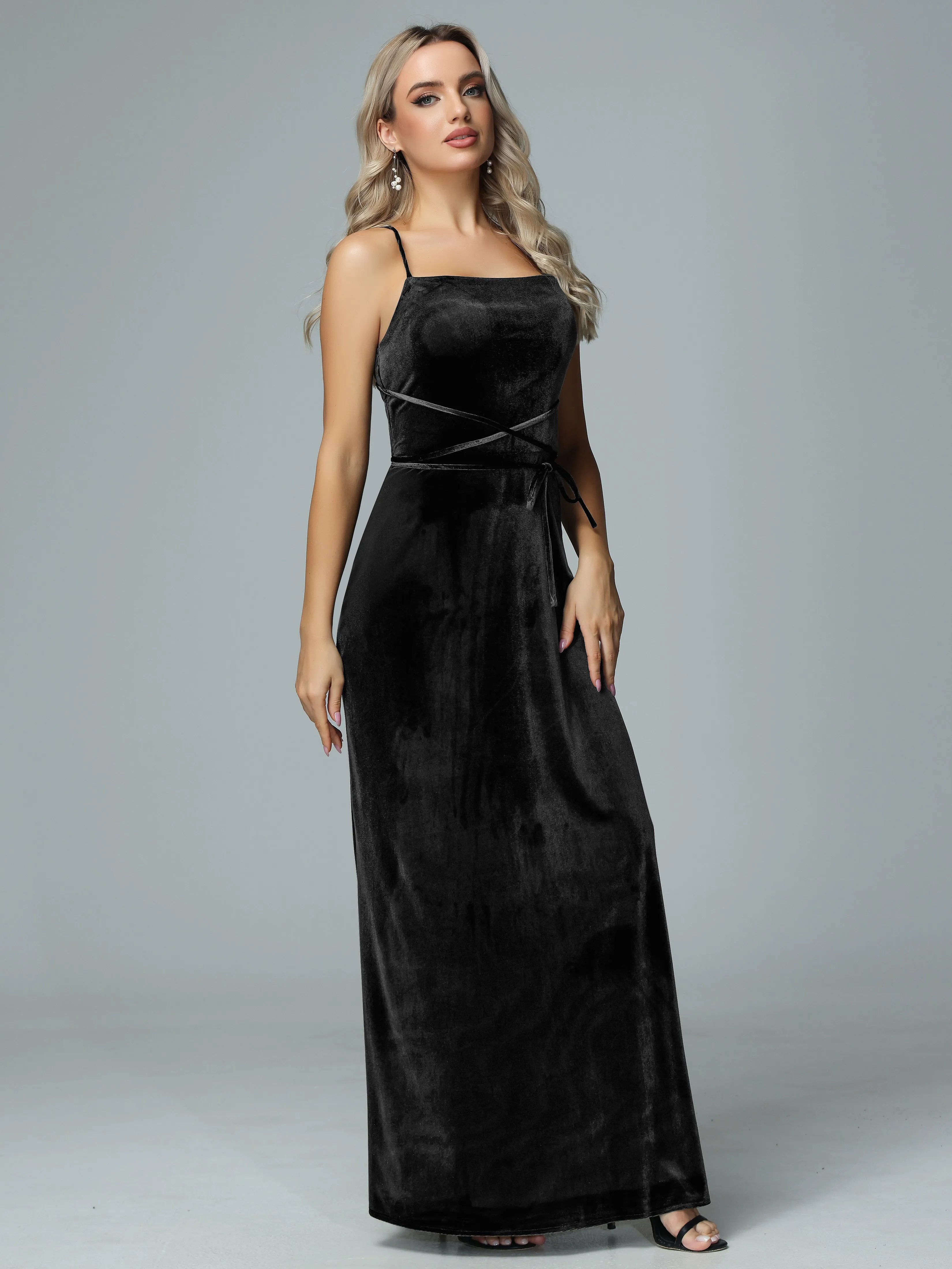 Spaghetti Straps Velvet Floor Length Bridesmaid Dress
