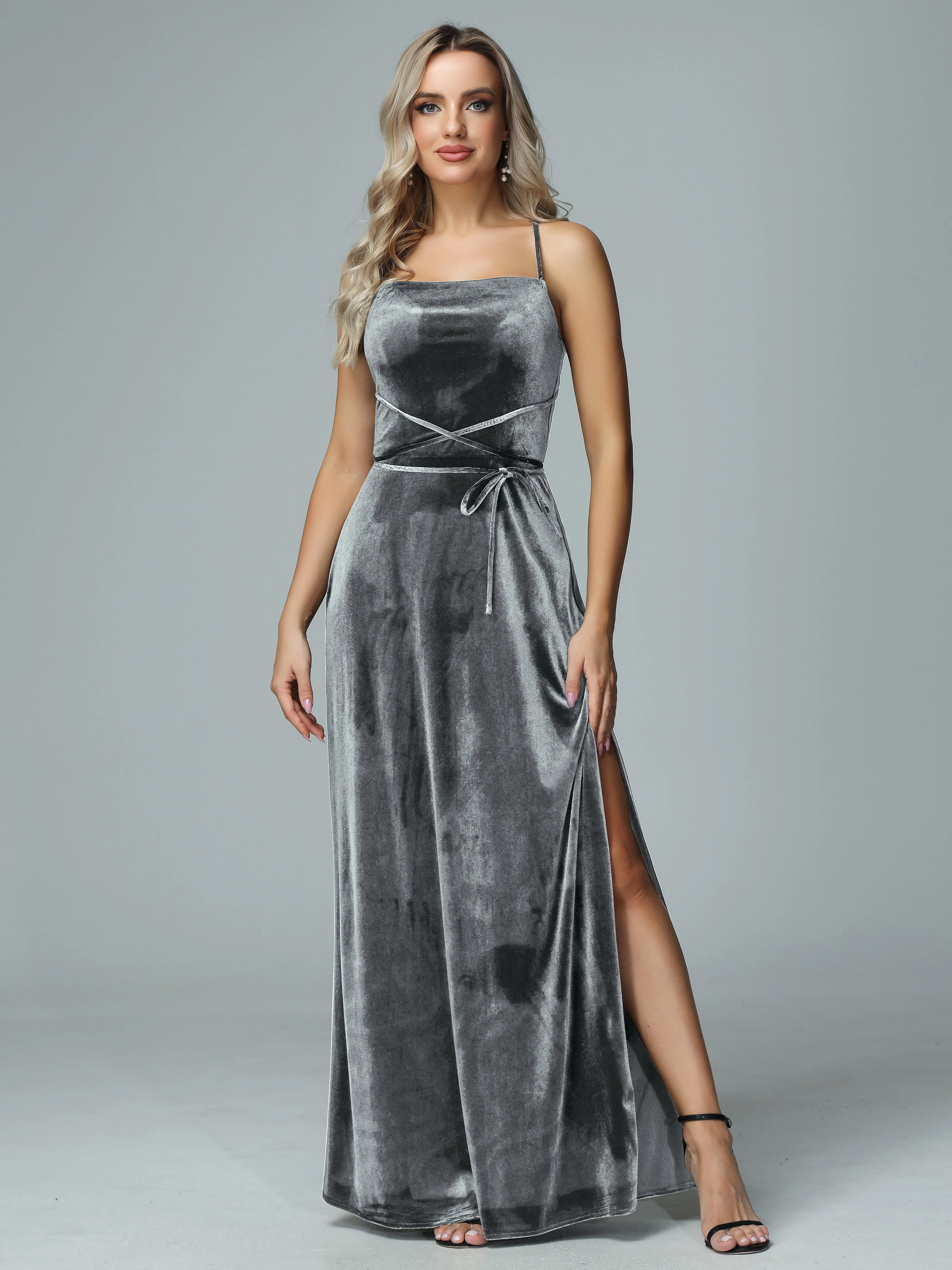 Spaghetti Straps Velvet Floor Length Bridesmaid Dress