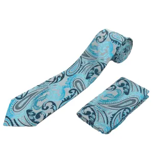 Stacy Adams Tie and Handkerchief - Grey and Teal Paisley T16
