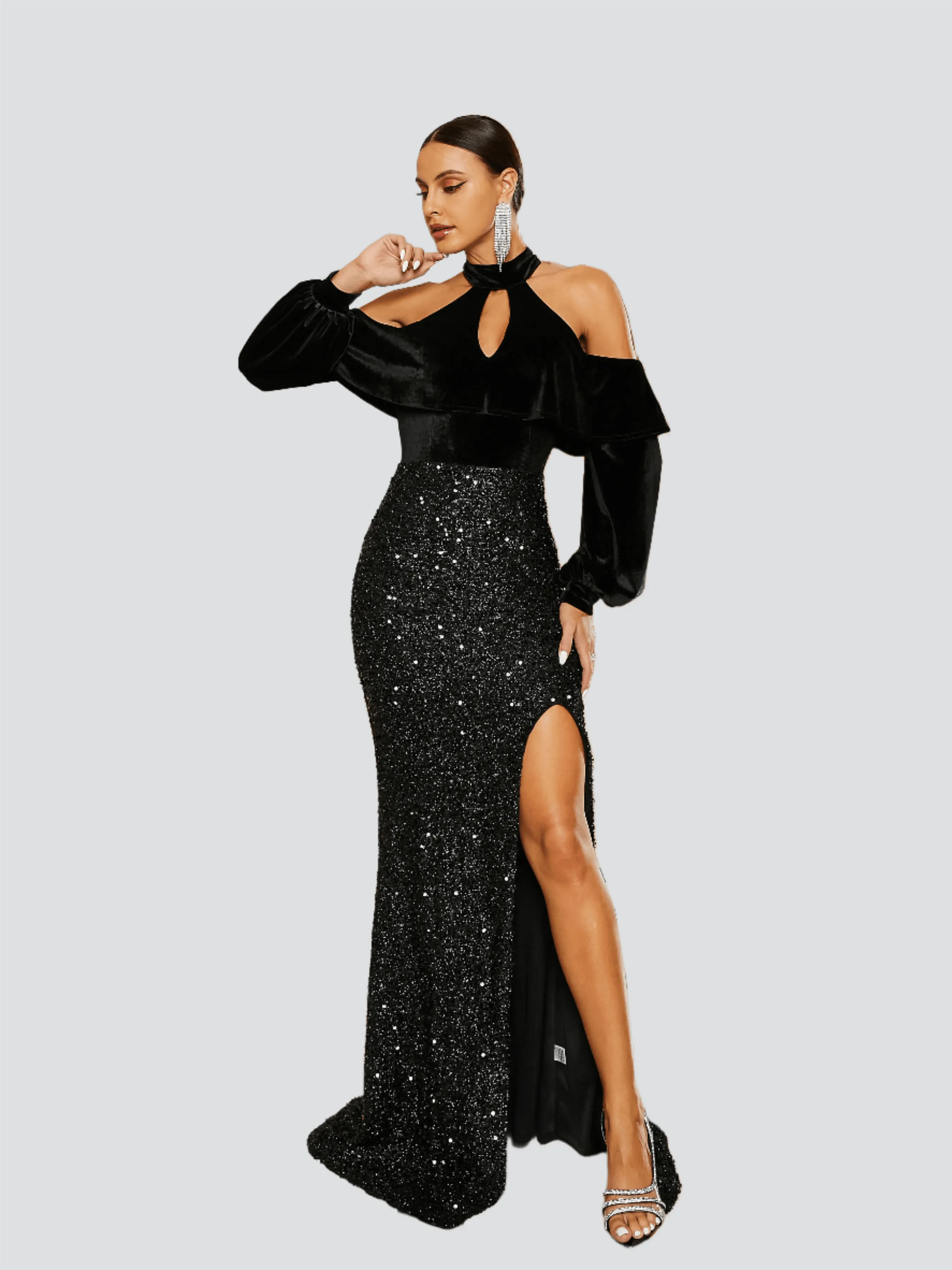 Stand Collar Cutout Black Sequin Prom Dress RA60267