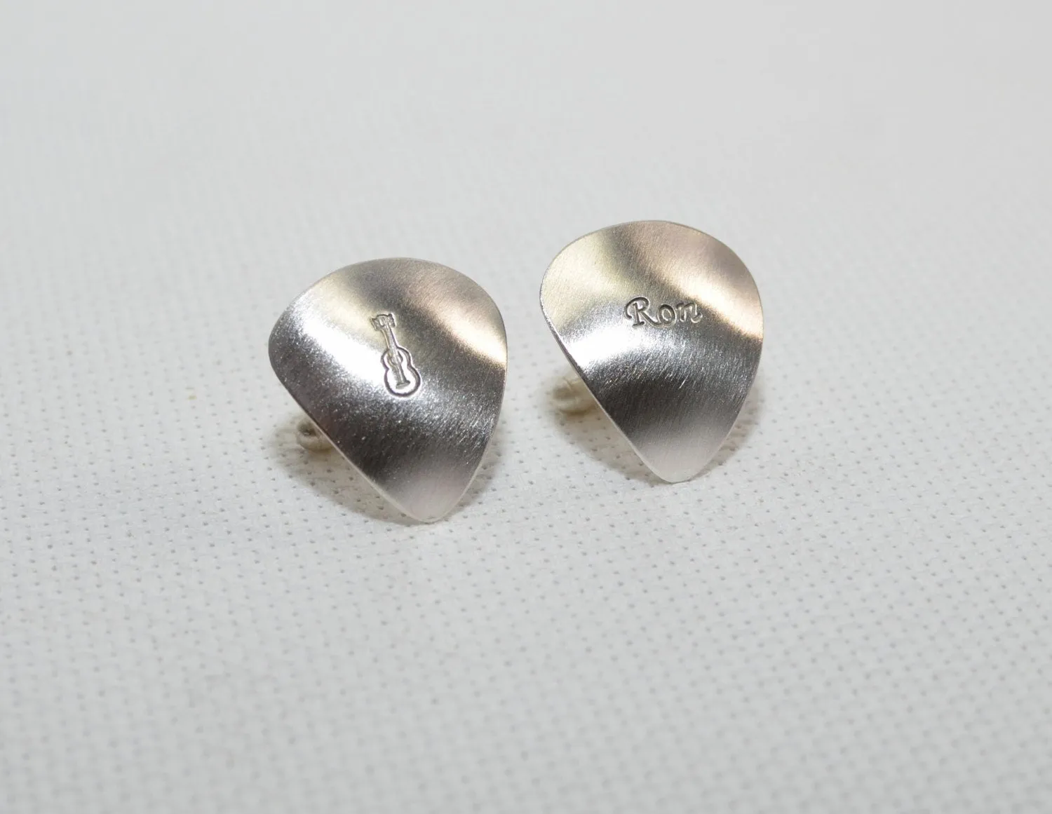 Sterling silver guitar pick cuff links with personalized engravings